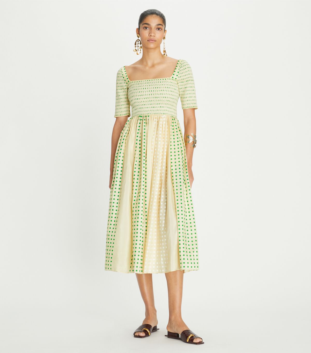 tory burch printed silk smocked dress