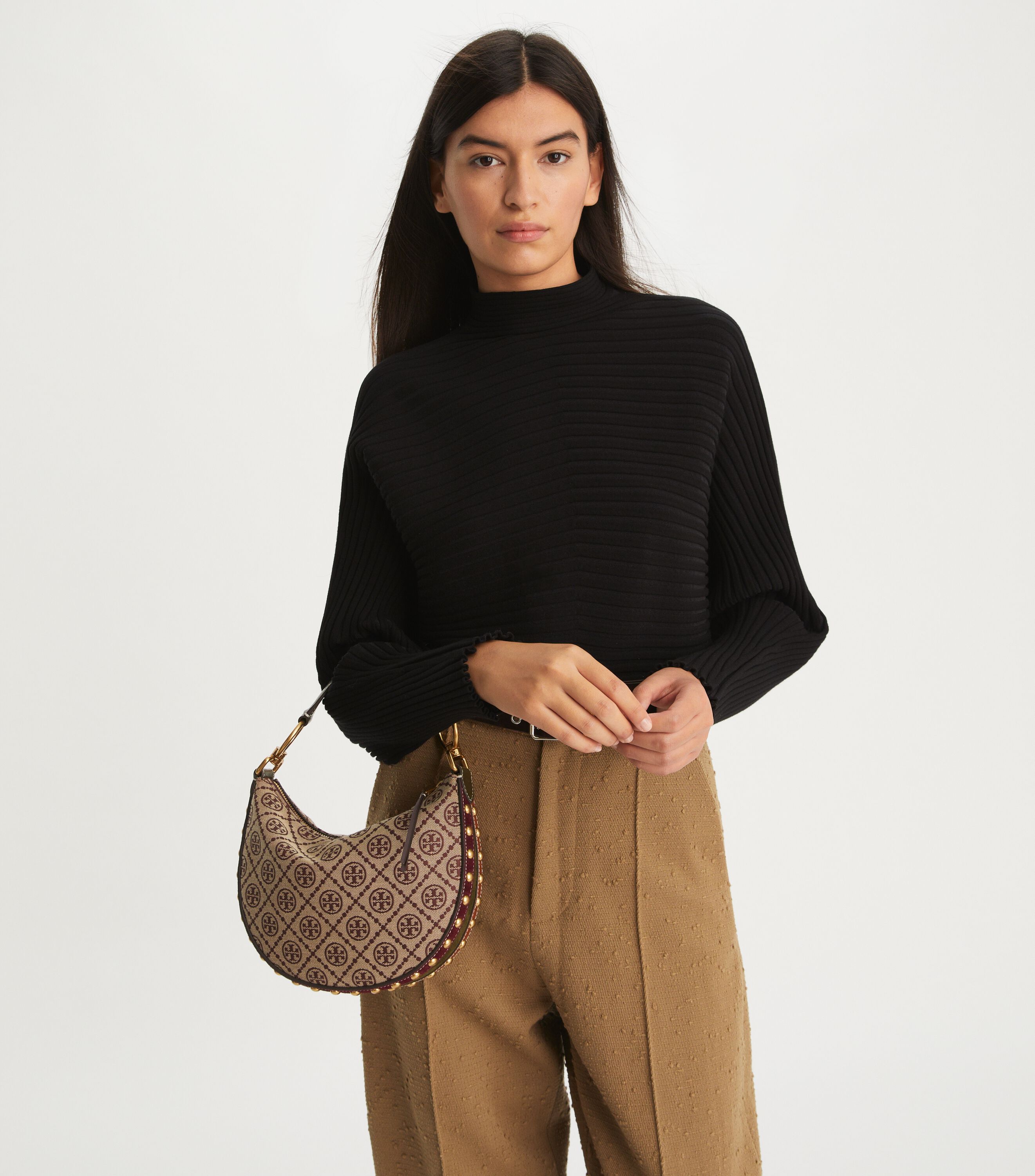 T Monogram Jacquard Studded Mini Crescent Bag