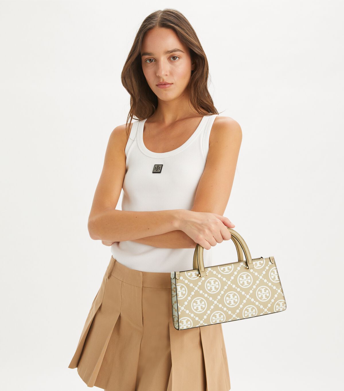 tory burch t monogram contrast embossed small east west tote