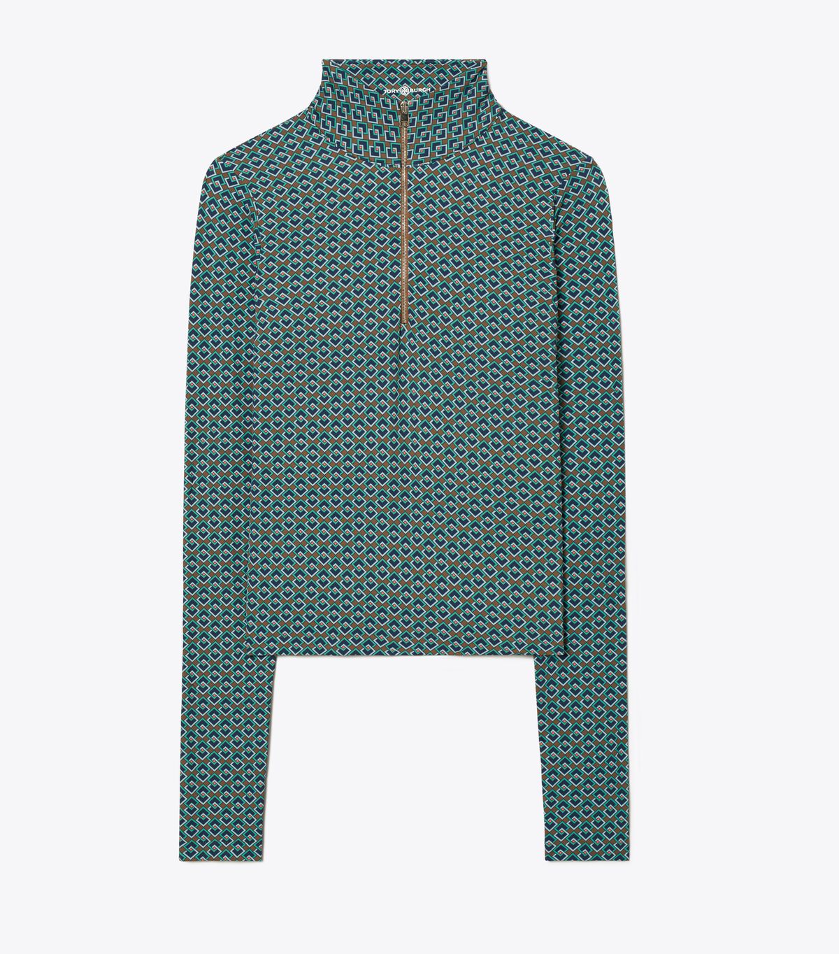 tory burch printed cropped half zip long sleeve top
