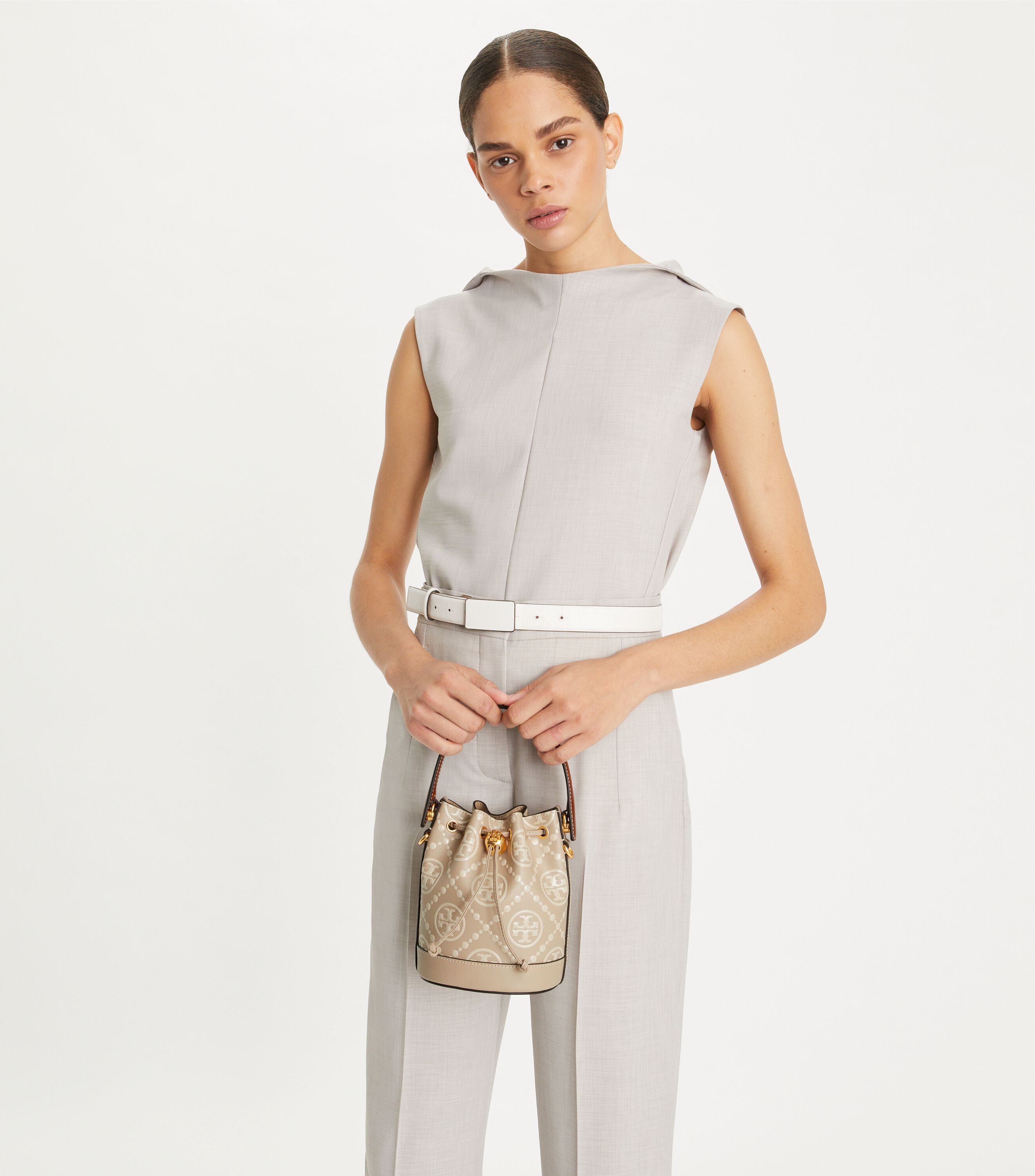T Monogram Contrast-Embossed Mini Bucket Bag, Longan / New Cream