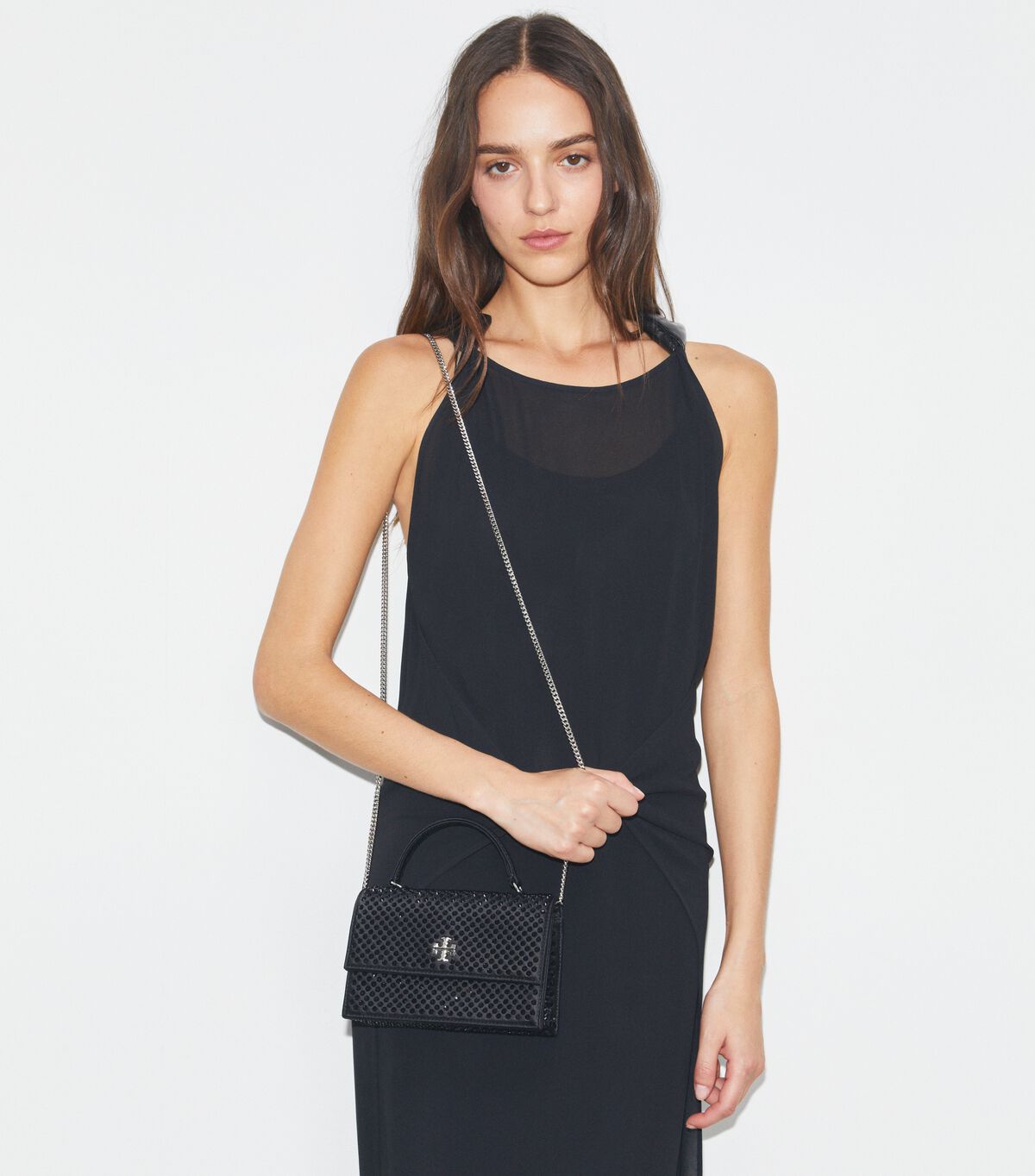 tory burch mini kira satin embellished top handle chain wallet