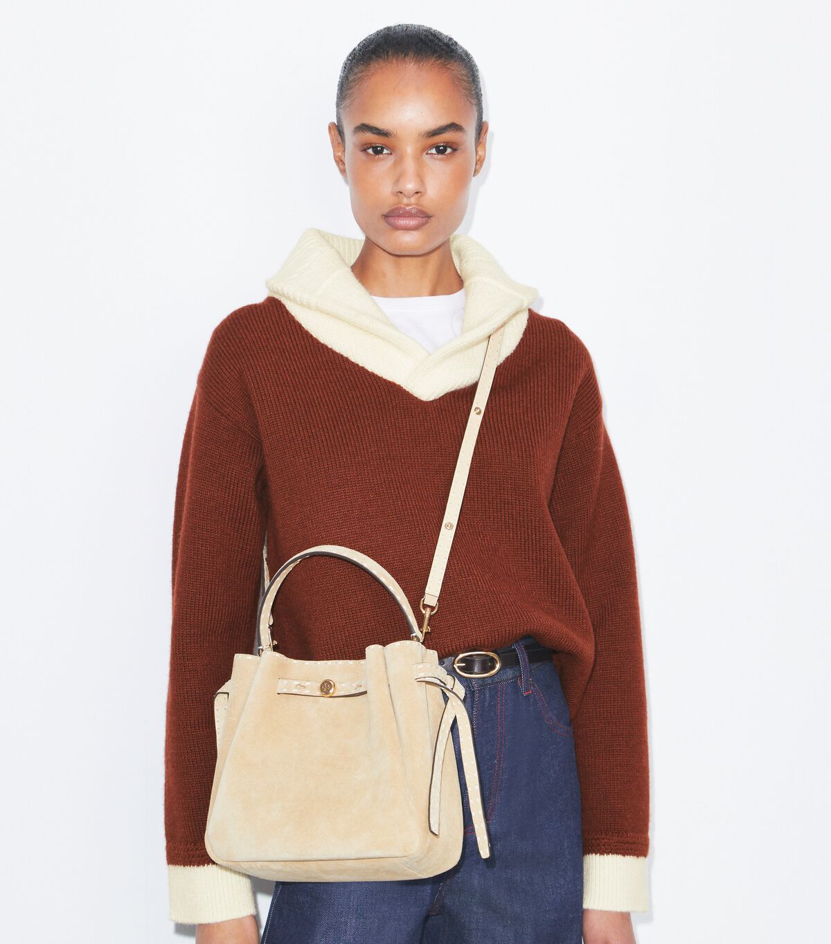 tory burch romy suede pick stitch bucket bag