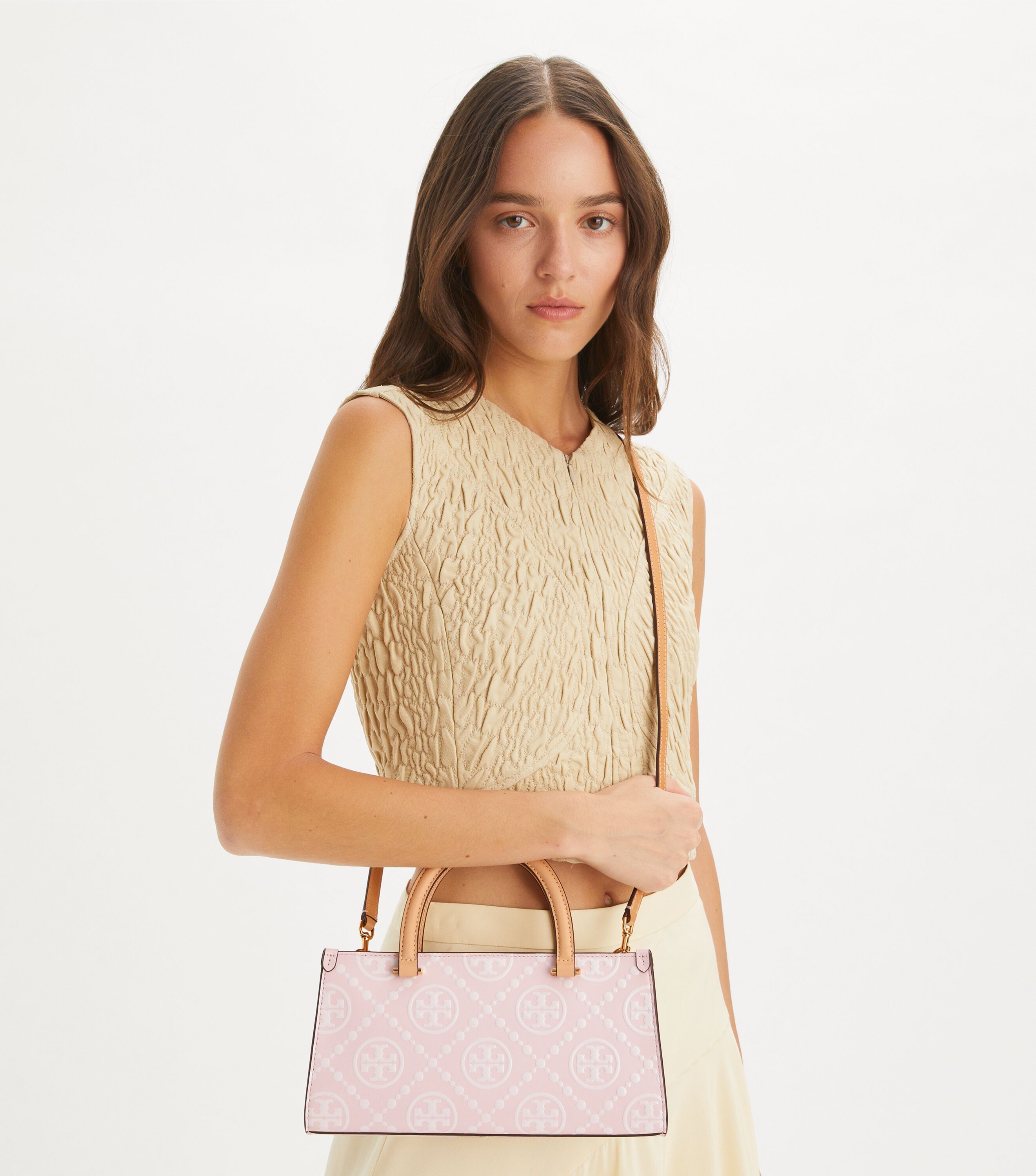 T Monogram Contrast Embossed Small East-West Tote, Powder