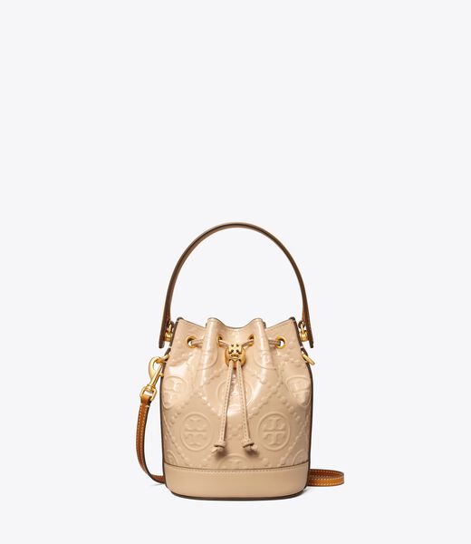 tory burch t monogram patent embossed mini bucket bag