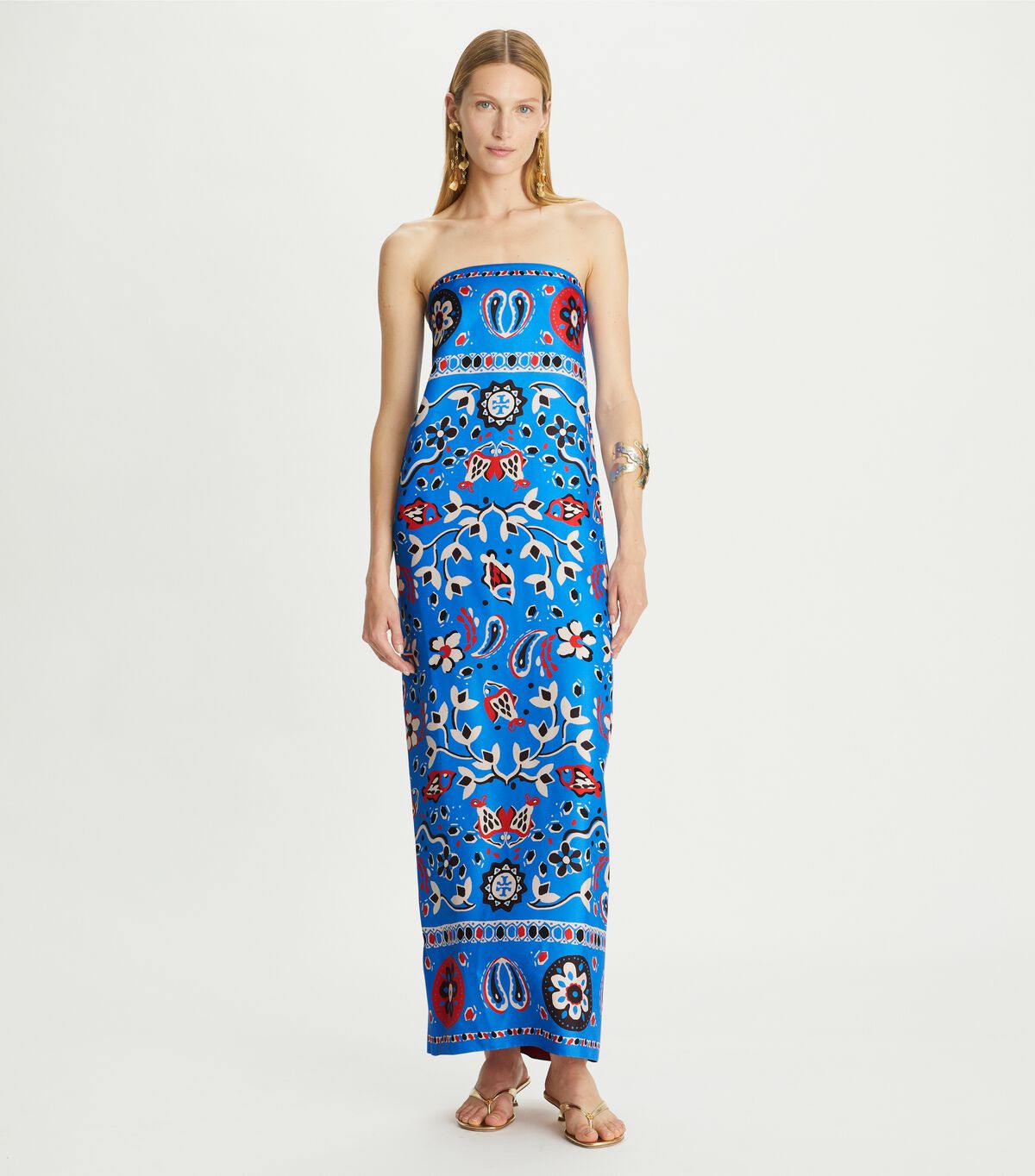 tory burch printed silk strapless dress