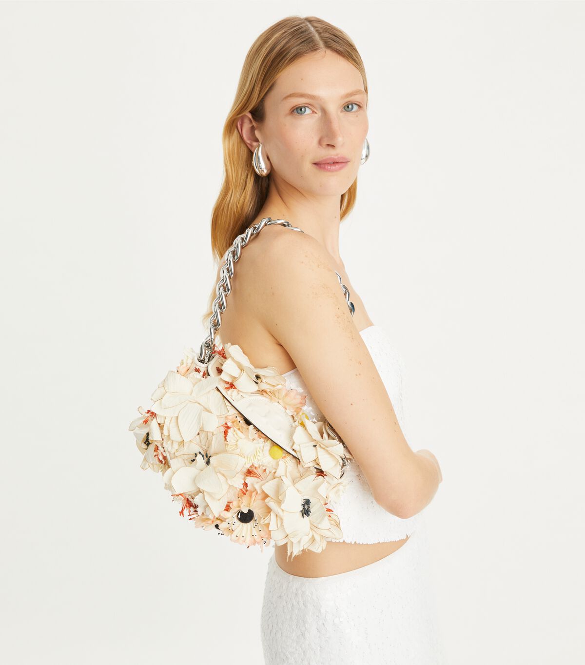 tory burch mini fleming soft floral embellished crescent bag
