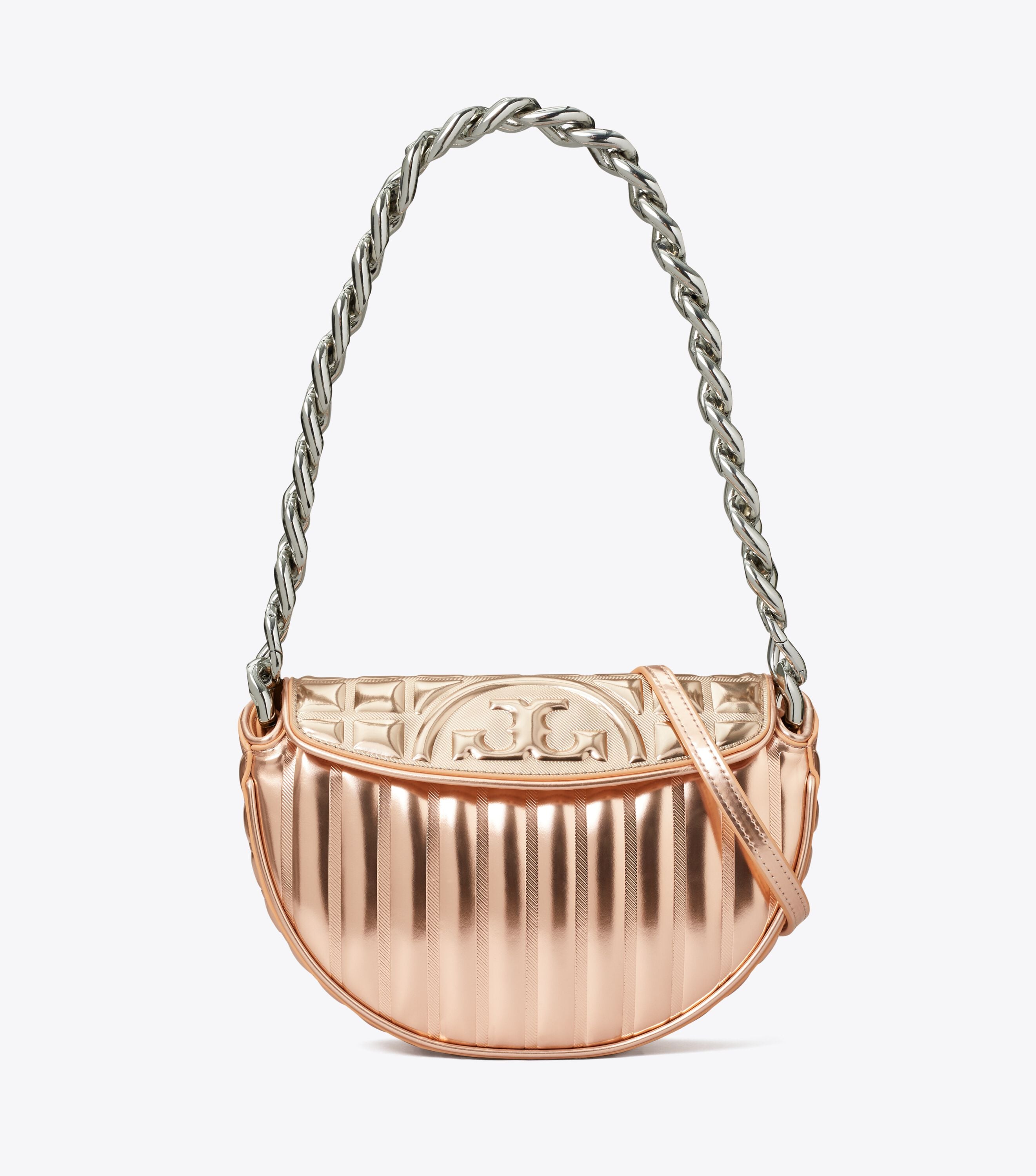 Mini Fleming Soft Metallic Quilt Crescent Bag, Rose Gold | Tory