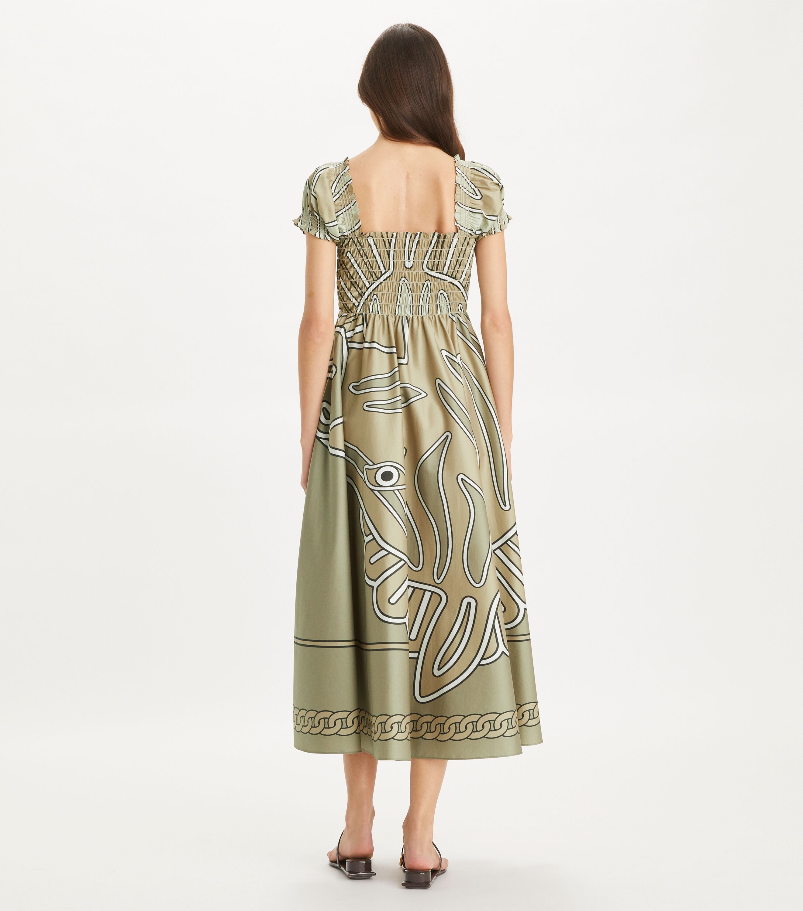 Print Smocked Cotton Dress, Khaki Zebra Scarf | Tory Burch KW