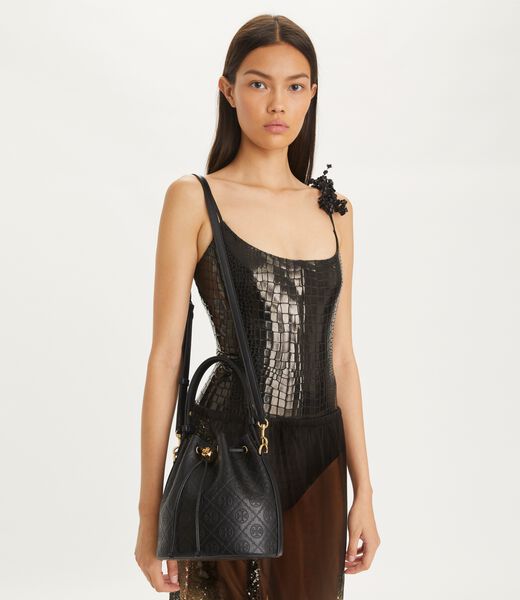 tory burch t monogram leather bucket bag