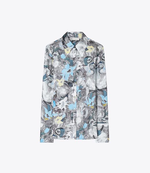 tory burch printed cuffed silk shirt