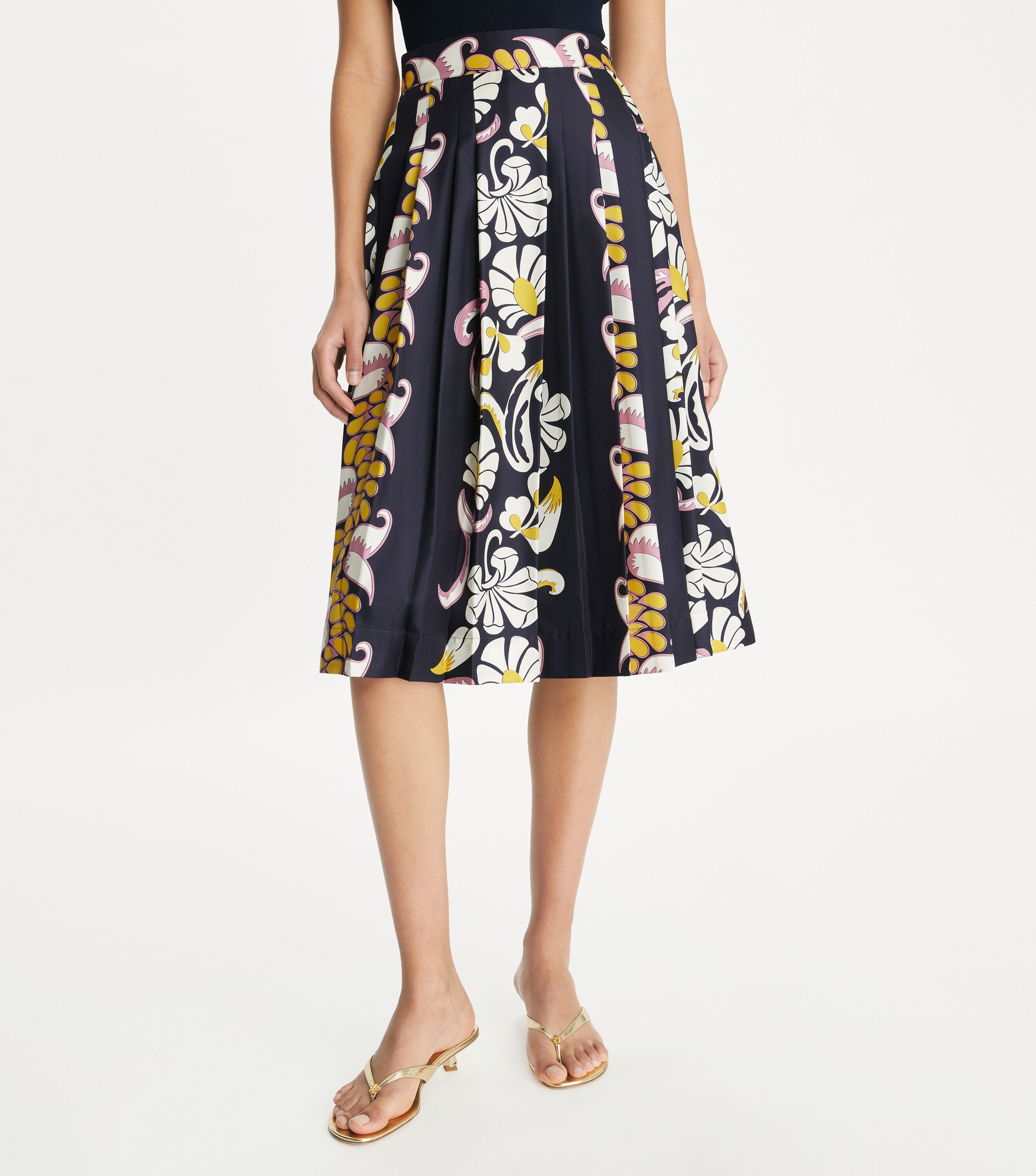 Printed Pleated Silk Skirt, Pink Tropical Border | Tory Burch KW