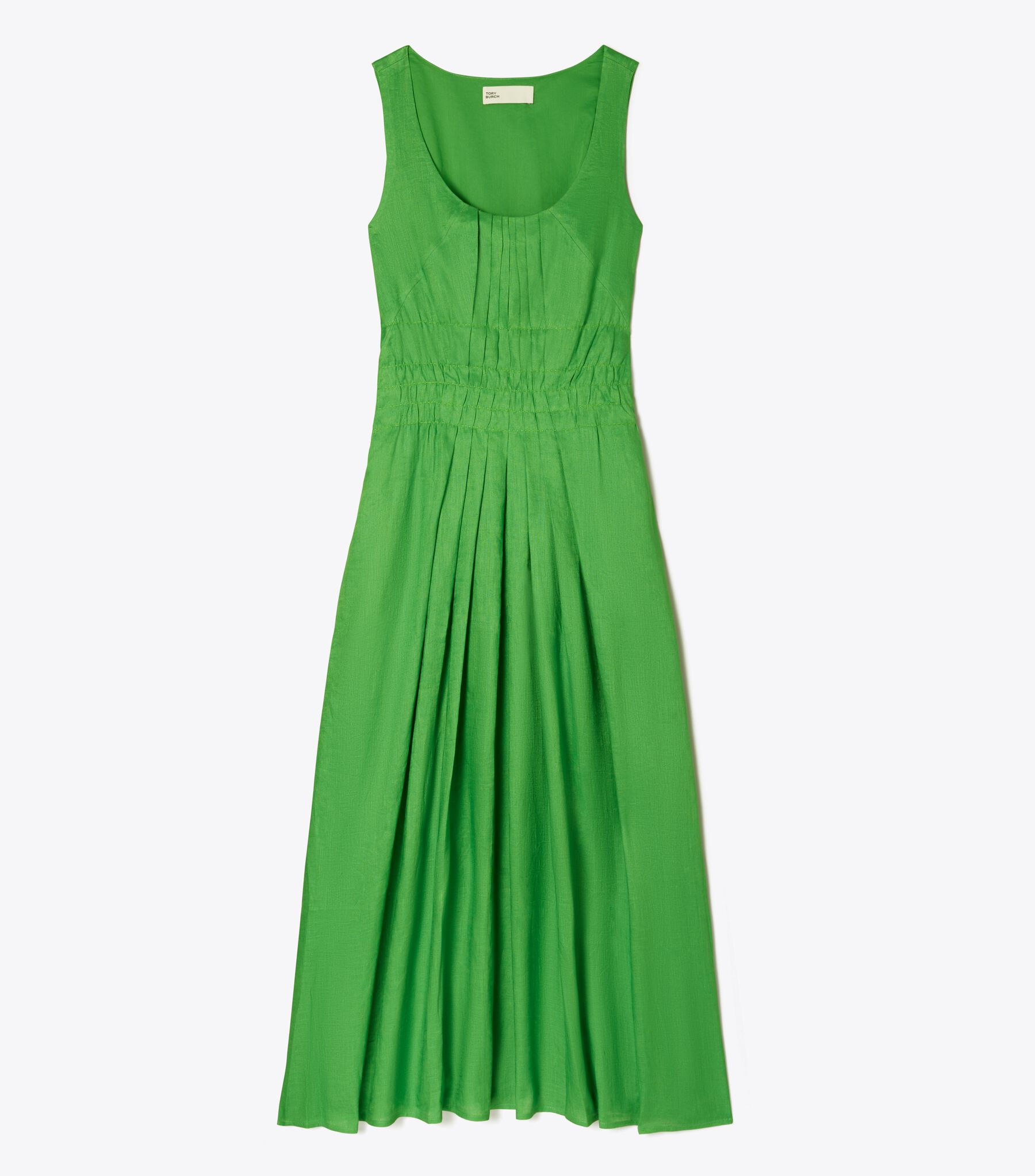 Pleated Linen Dress, Bright Leaf Green | Tory Burch KW