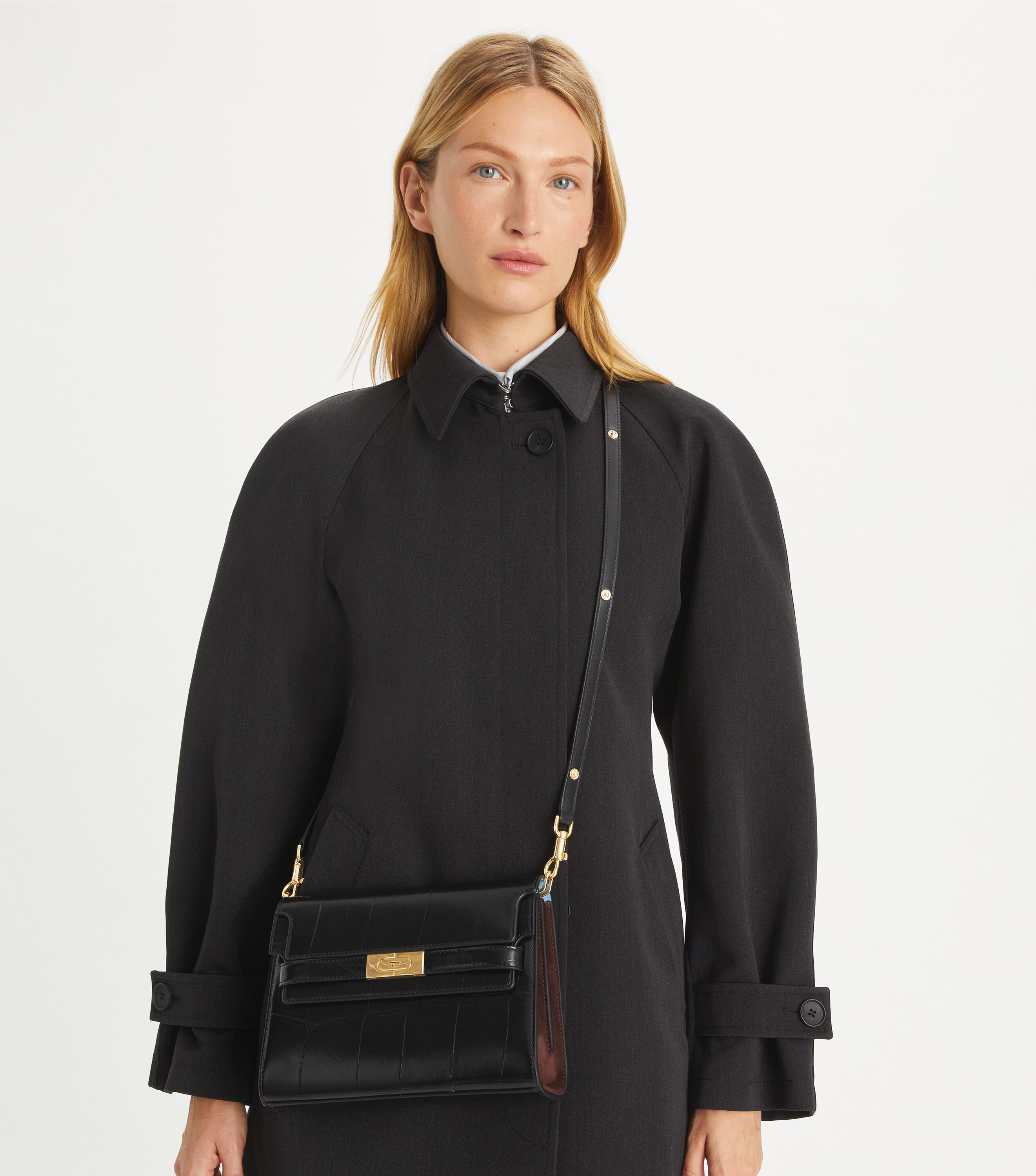 Lee Radziwill Croc-Embossed Shoulder Bag, Black | Tory Burch KW