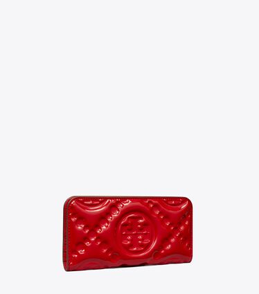 T Monogram Embroidered Patent Zip Slim Wallet