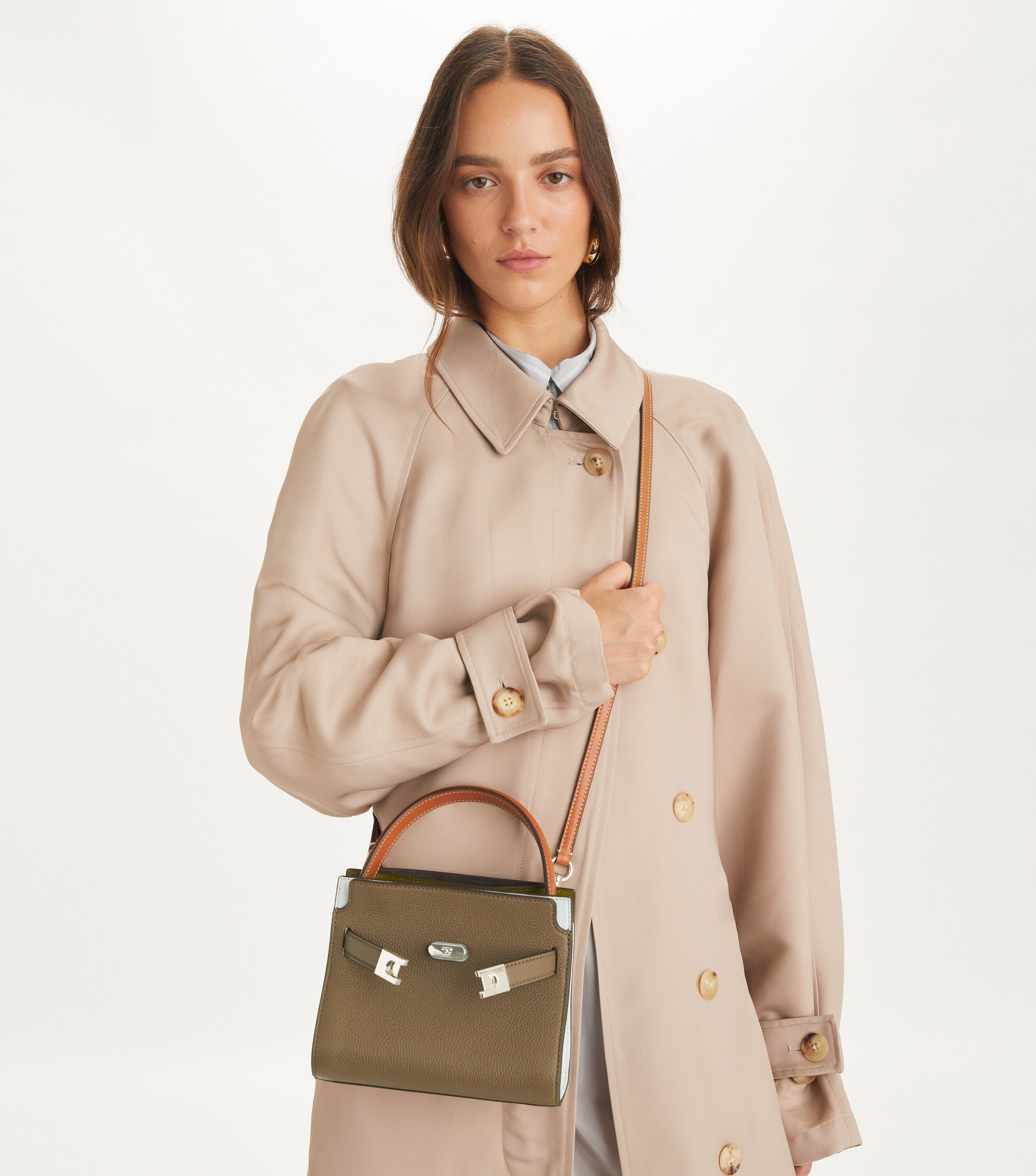Petite Lee Radziwill Colorblock Pebbled Double Bag, Wild Mushroom