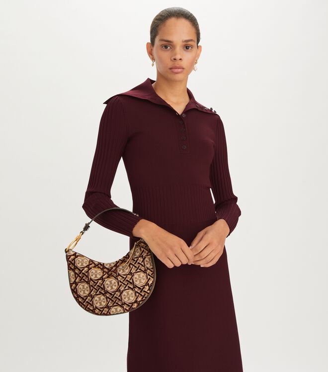 Tory Burch T Monogram Fil Coupé Crescent Shoulder Bag In Hazelnut/brass