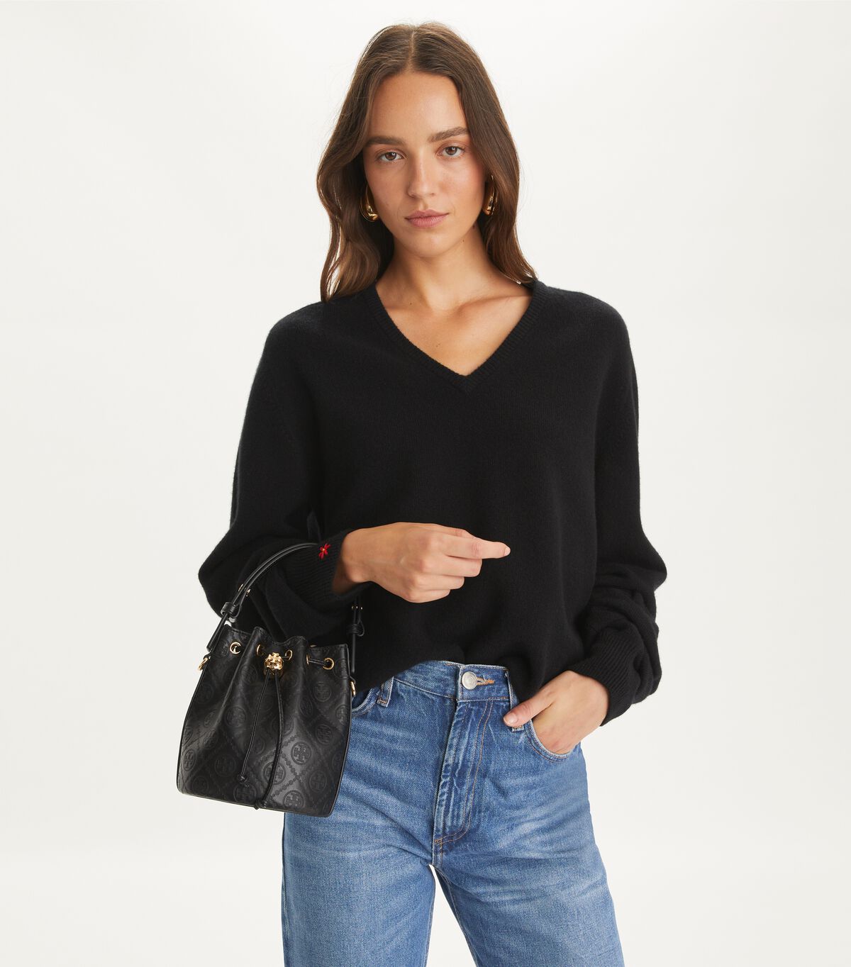 tory burch t monogram leather mini bucket bag