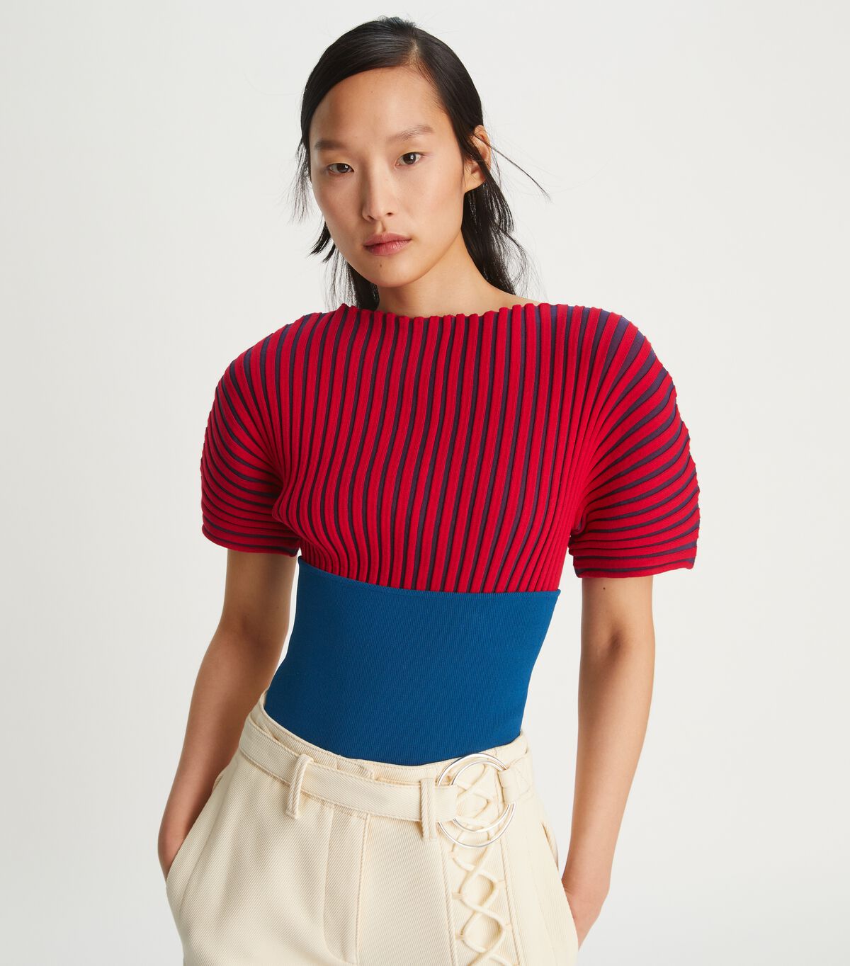tory burch plaited rib short sleeve sweater