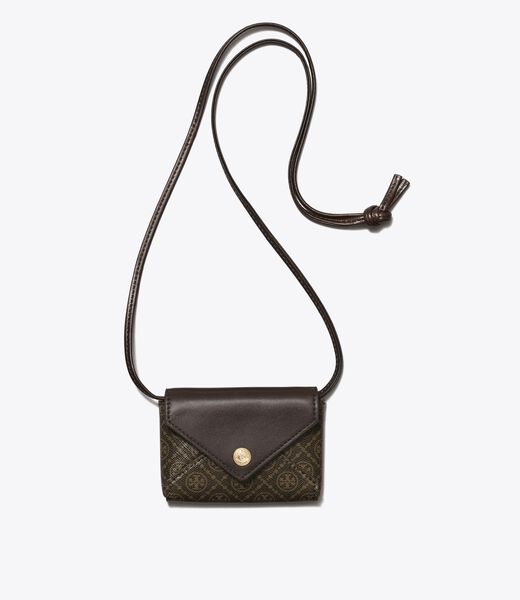 tory burch حافظة بطاقات تي مونوغرام من القماش المغلف مع حبل تثبيت