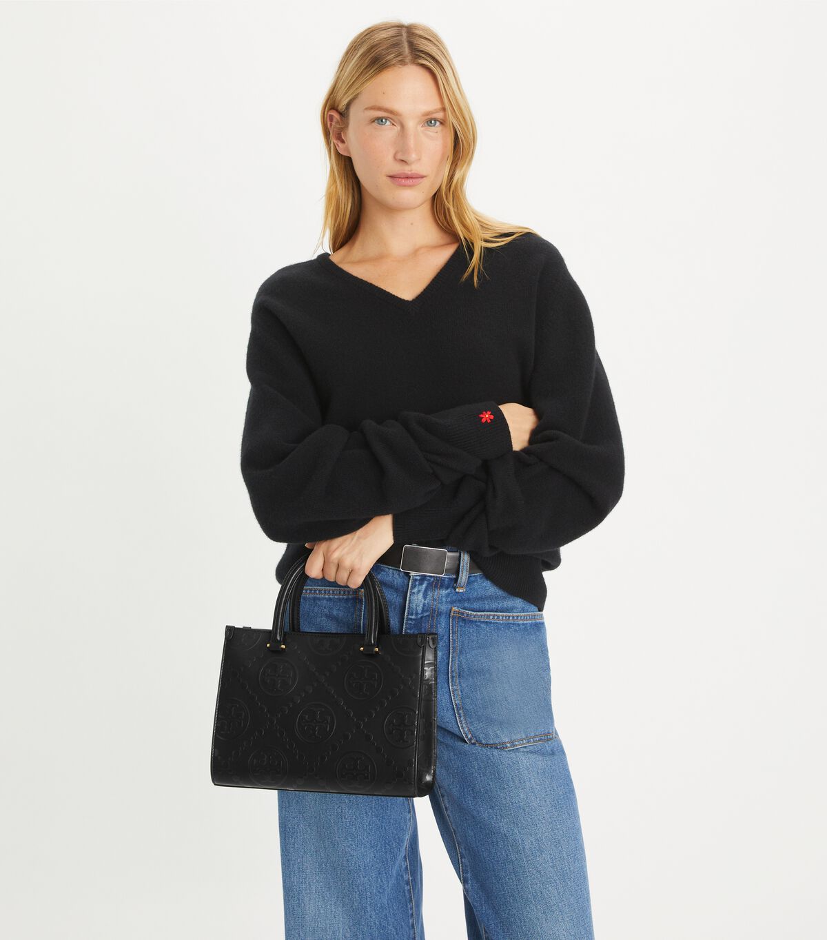 tory burch t monogram top handle embossed tote