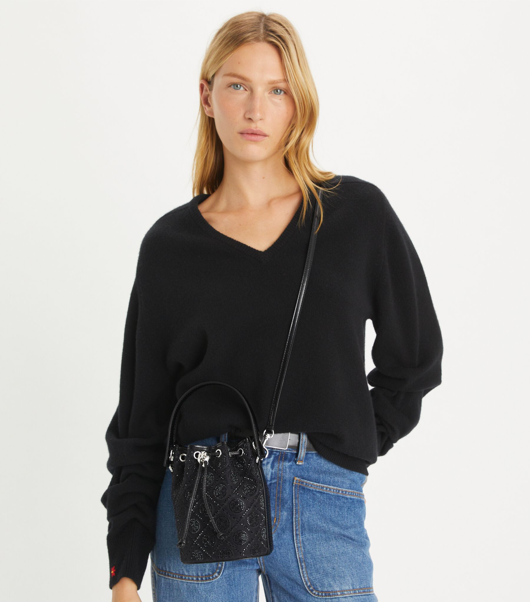 T Monogram Embellished Mini Bucket Bag, Black | Tory Burch KW