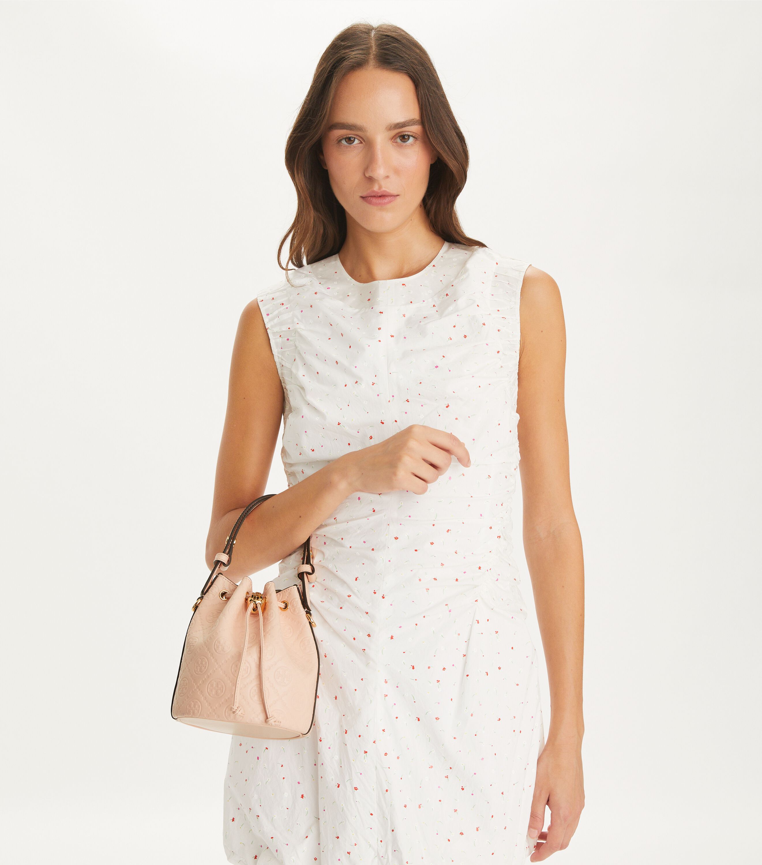 T Monogram Leather Mini Bucket Bag, Blush | Tory Burch KW T Monogram Leather Mini Bucket Bag, Blush | Tory Burch KW