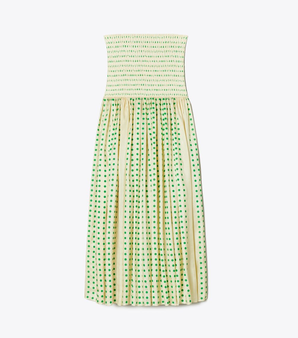 tory burch printed silk strapless dress Printed Silk Strapless Dress, GREEN POLKA DOT