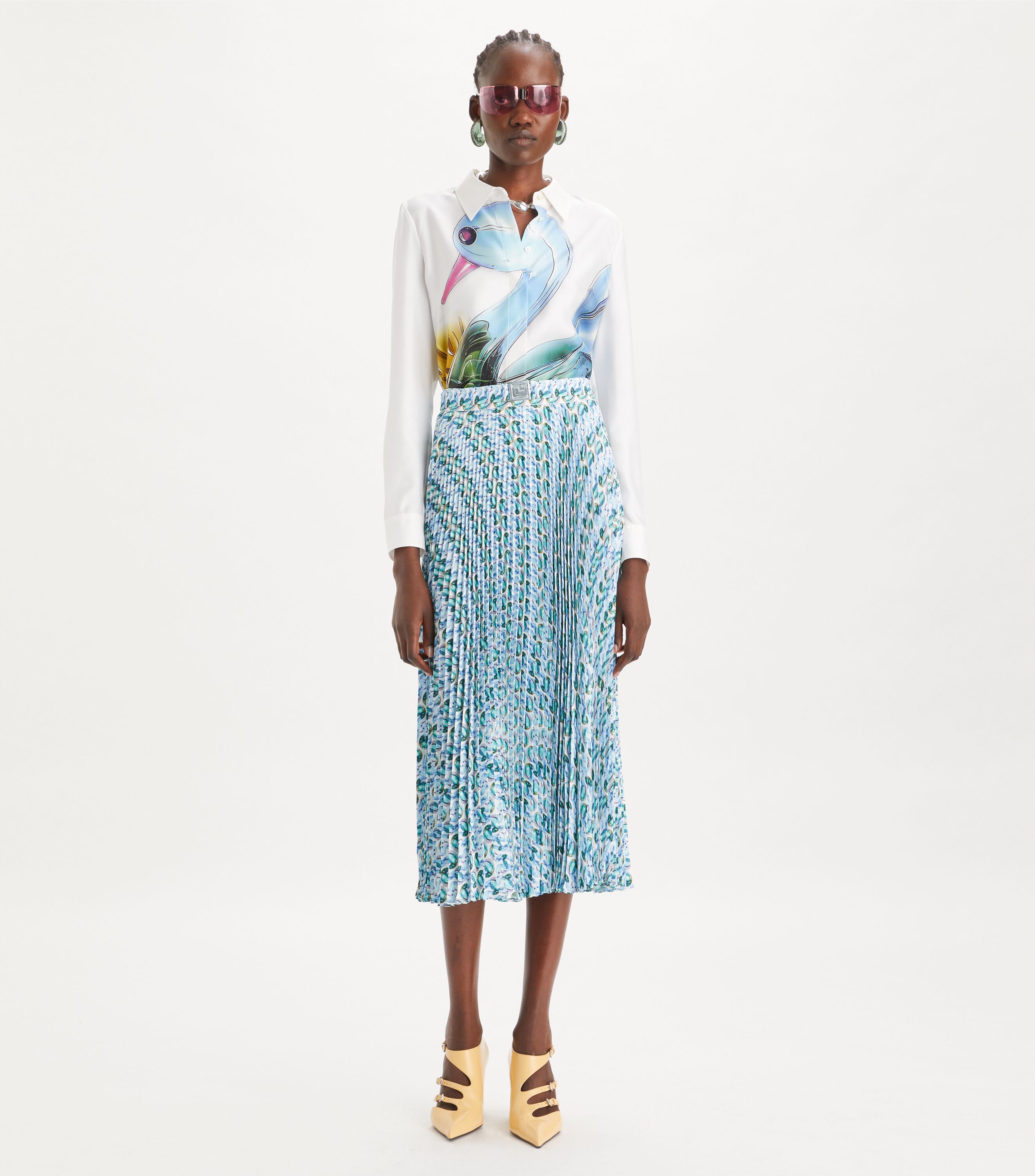 Pleated Viscose Skirt, Blue Glass Swan Allover | Tory Burch KW