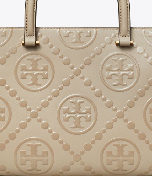 tory burch t monogram top handle embossed tote