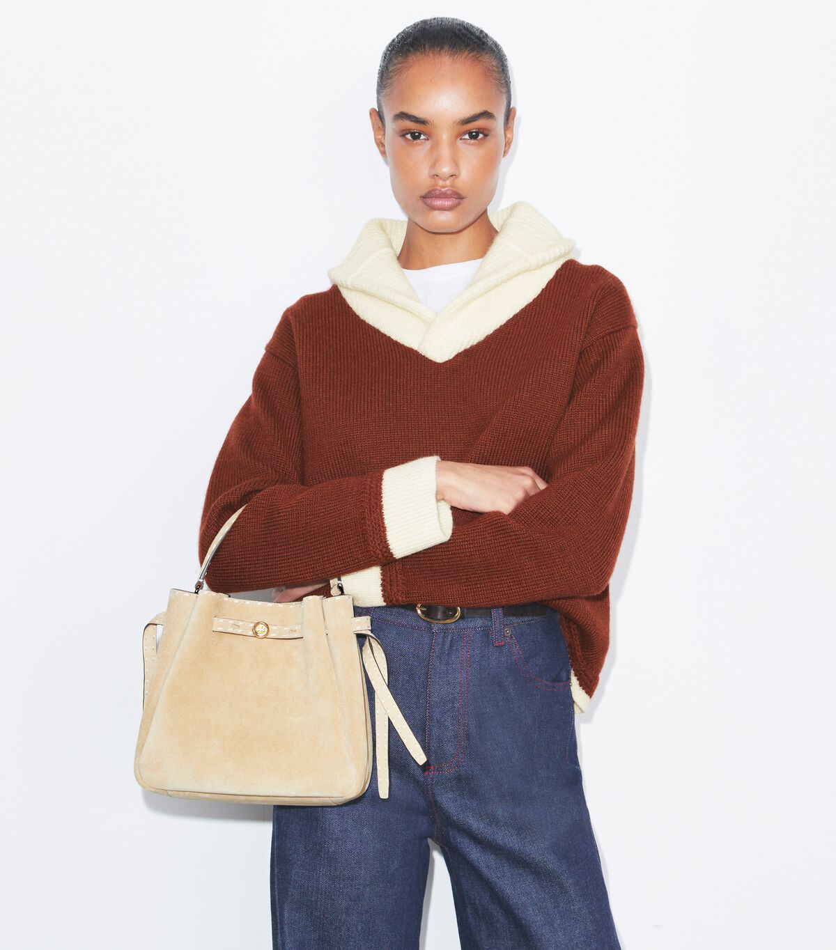 tory burch romy suede pick stitch bucket bag