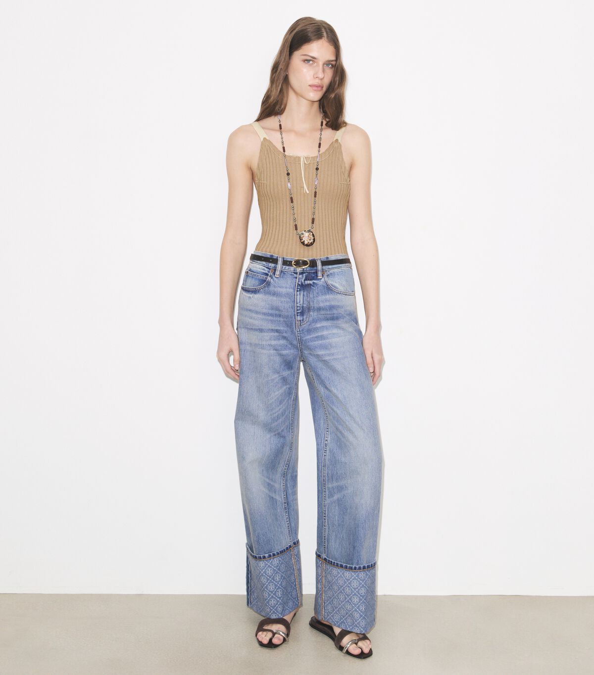tory burch contrast cuff straight leg jean