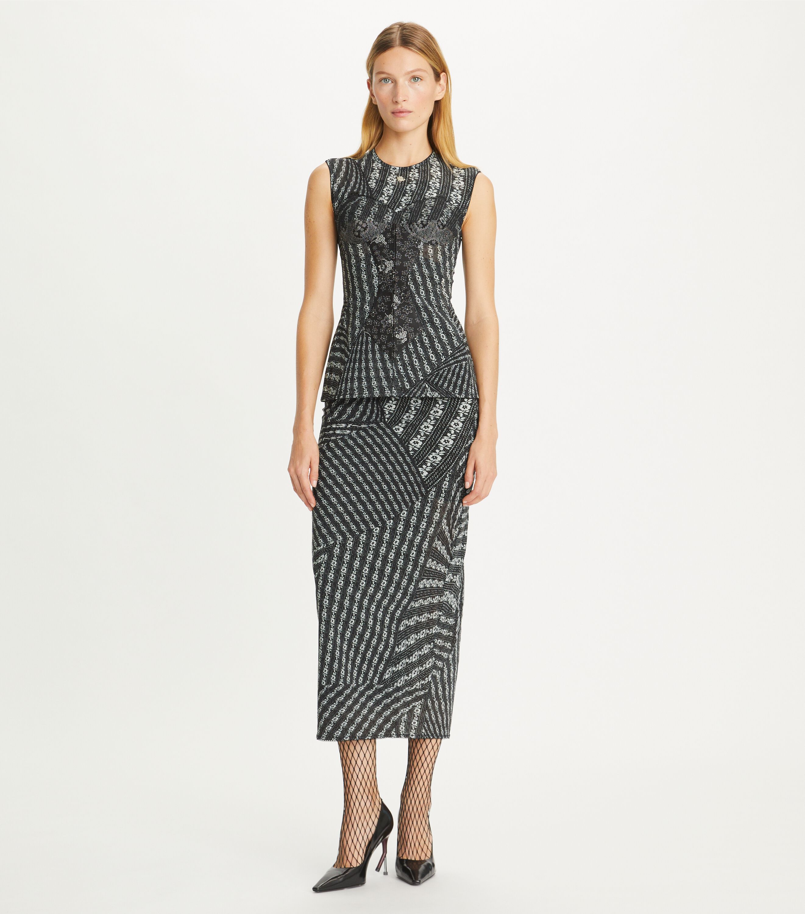 Printed Mesh Top, Black Warped Lace | Tory Burch KW