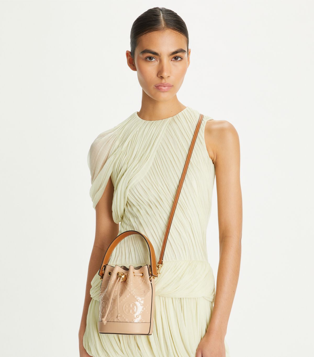 tory burch t monogram patent embossed mini bucket bag