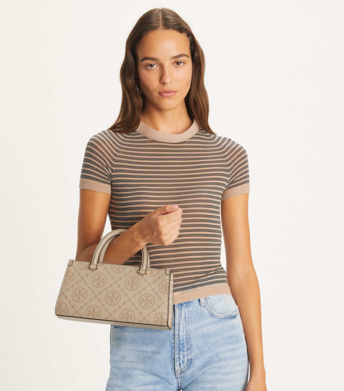 tory burch t monogram embossed small rectangular tote