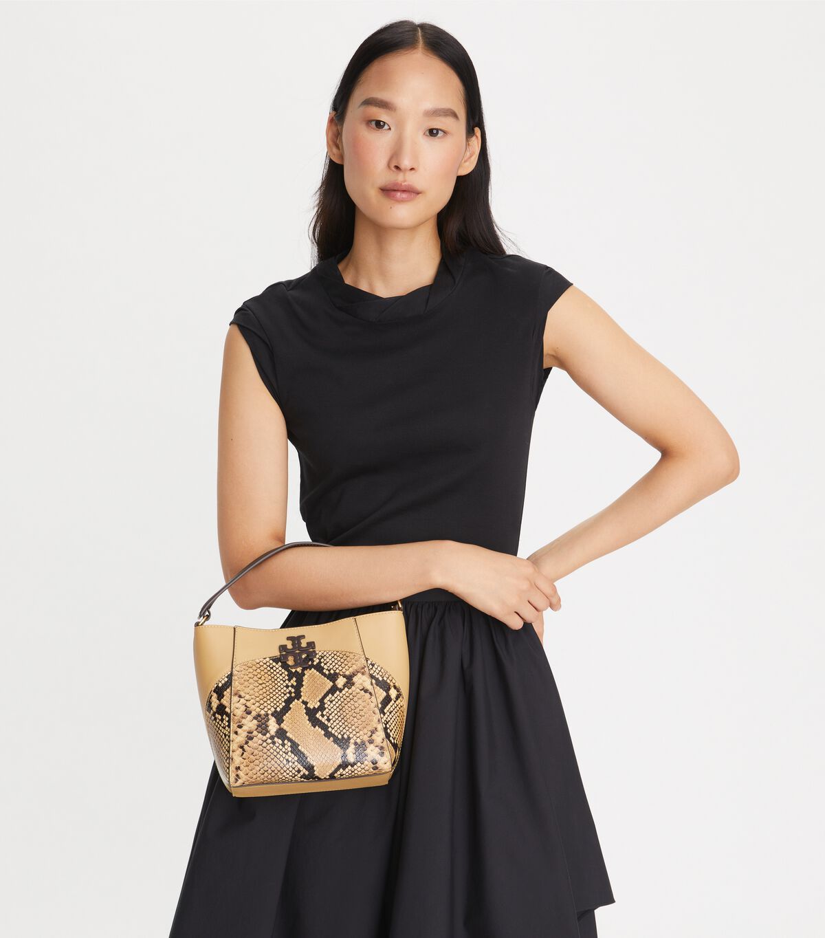 tory burch small mcgraw snake embossed bucket bag