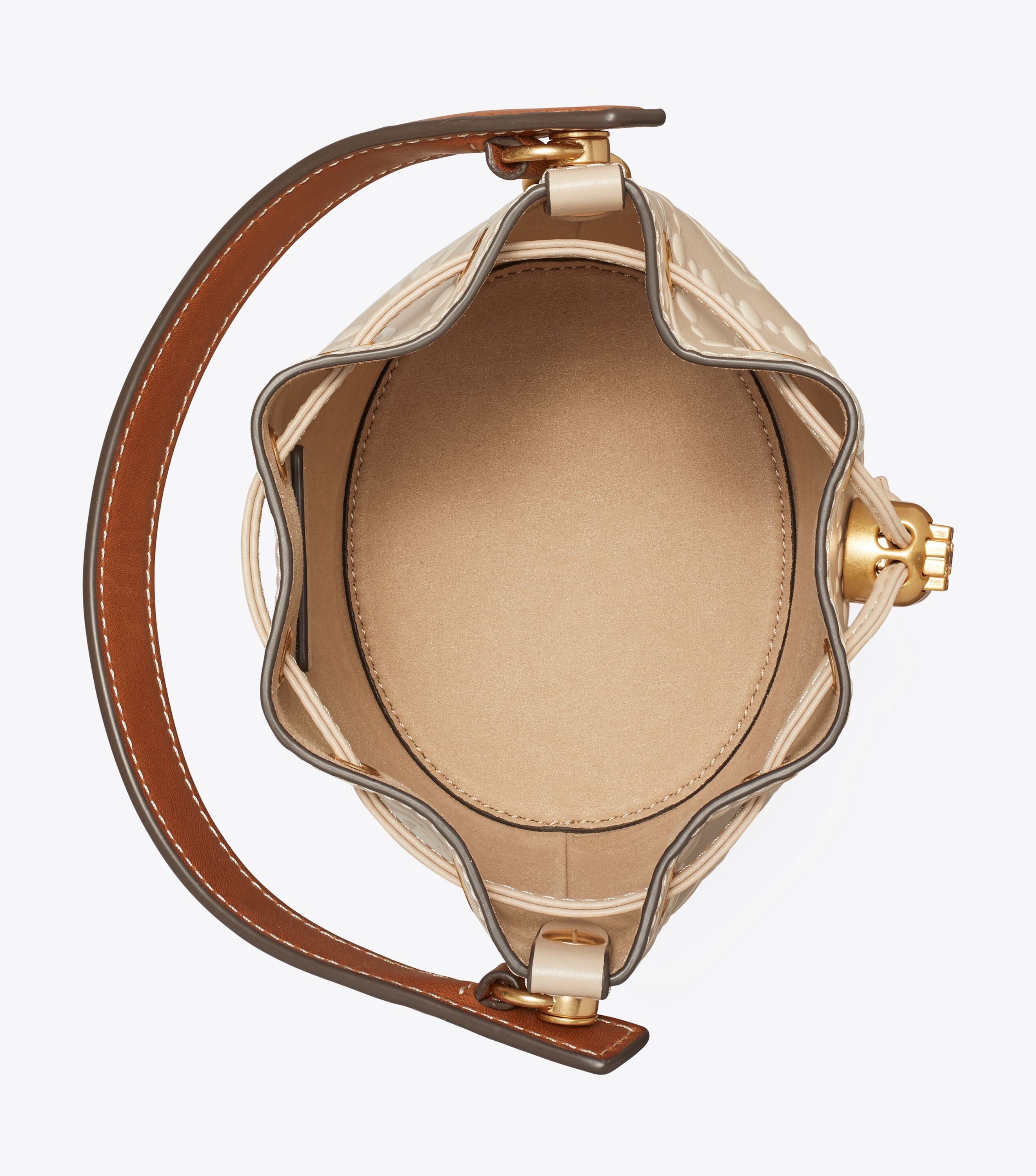 T Monogram Contrast-Embossed Mini Bucket Bag, Longan / New Cream