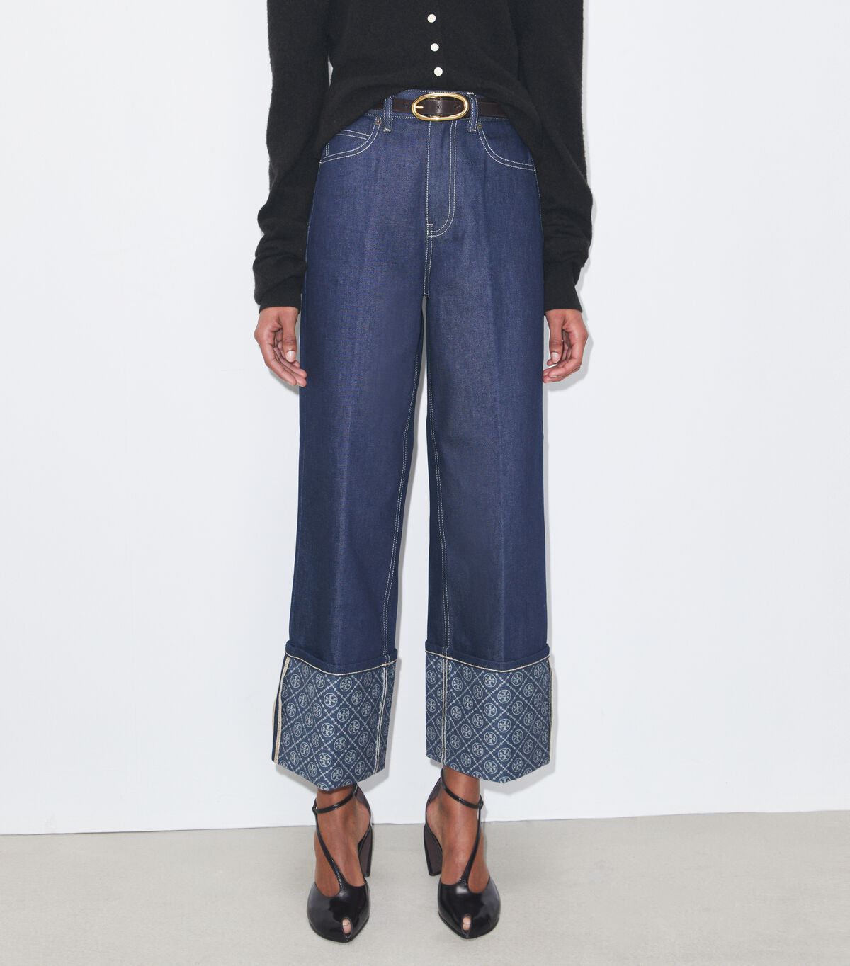 tory burch contrast cuff straight leg jean