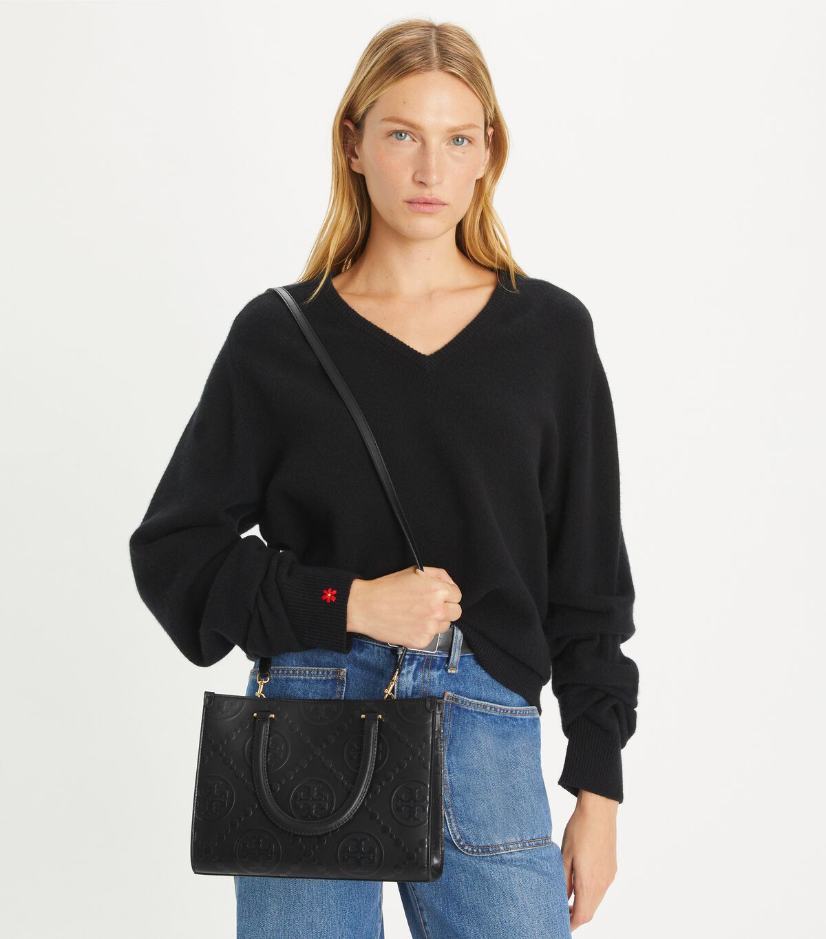 tory burch t monogram top handle embossed tote