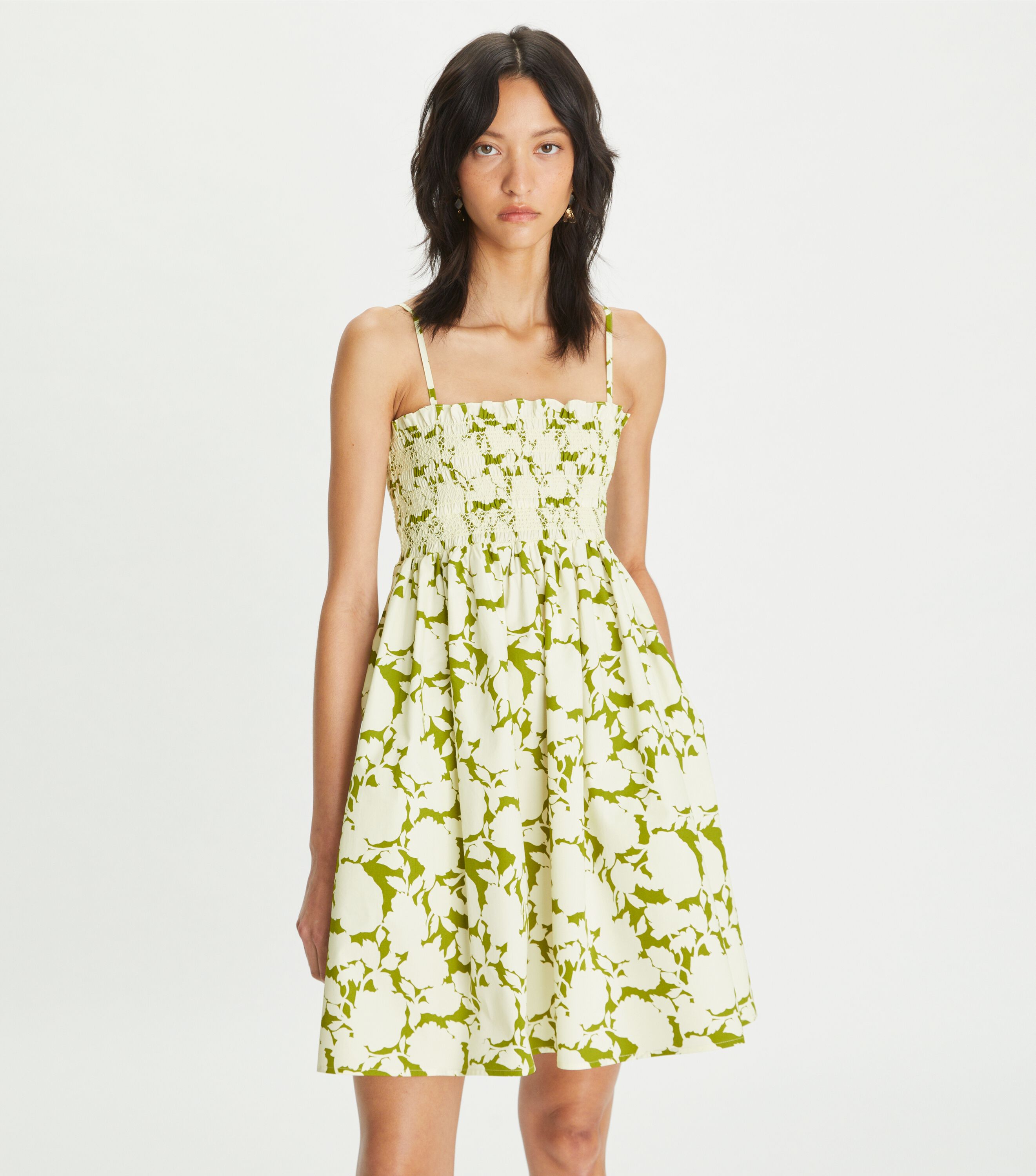 【送料 関税込】Tory Burch Floral smocked cotton minidress Smocked Printed Cotton Mini Dress, Green Bold Flower | Tory