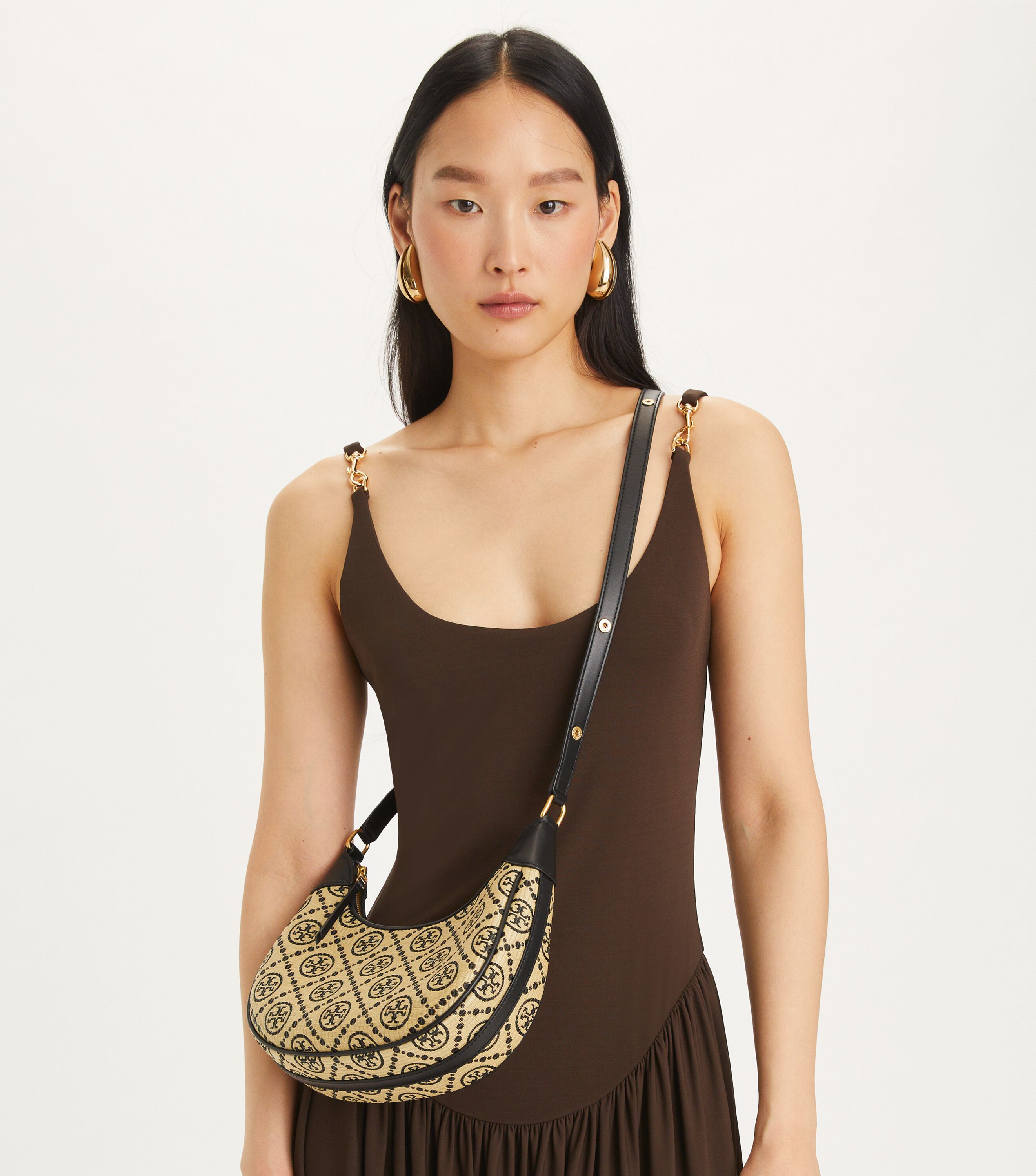 T Monogram Raffia Crescent Bag, Black | Tory Burch KW