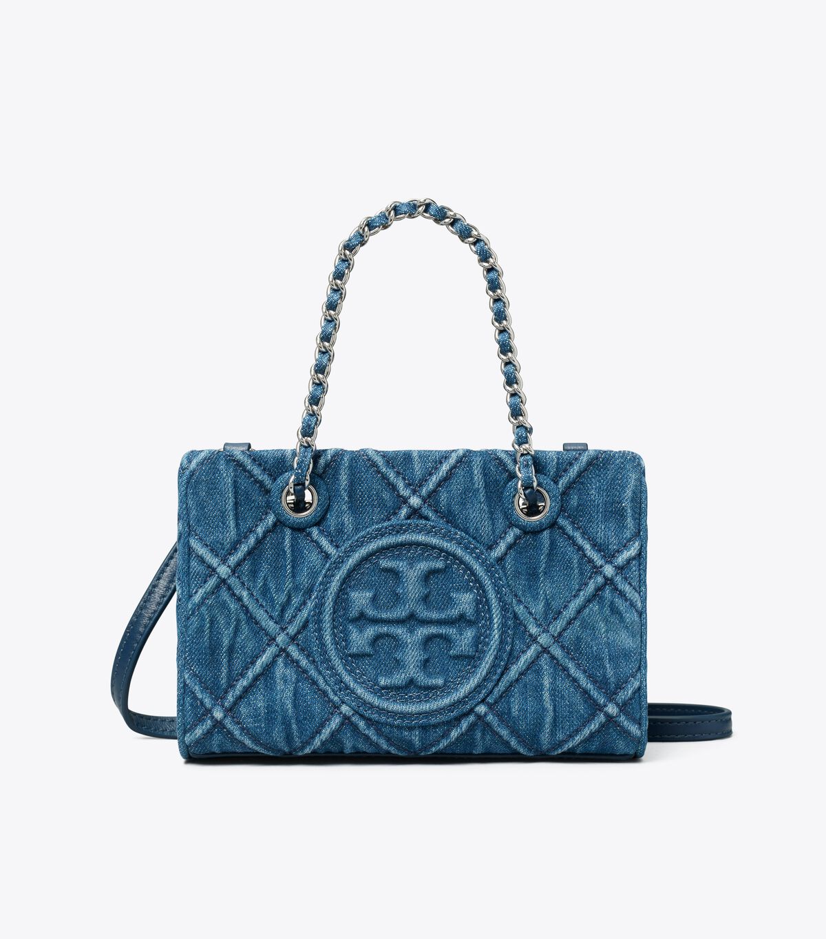 tory burch mini fleming soft denim chain tote