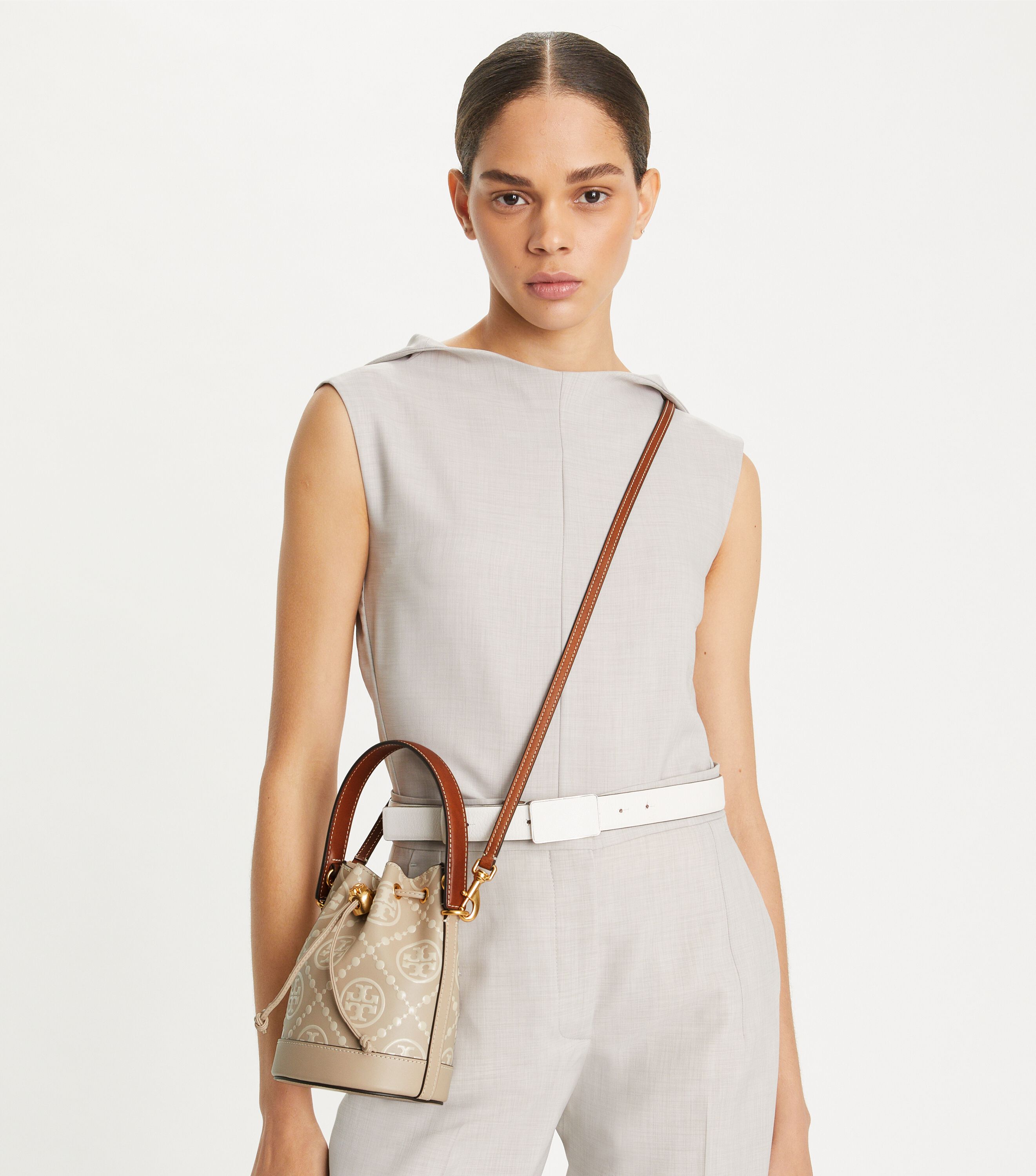 T Monogram Contrast-Embossed Mini Bucket Bag, Longan / New Cream
