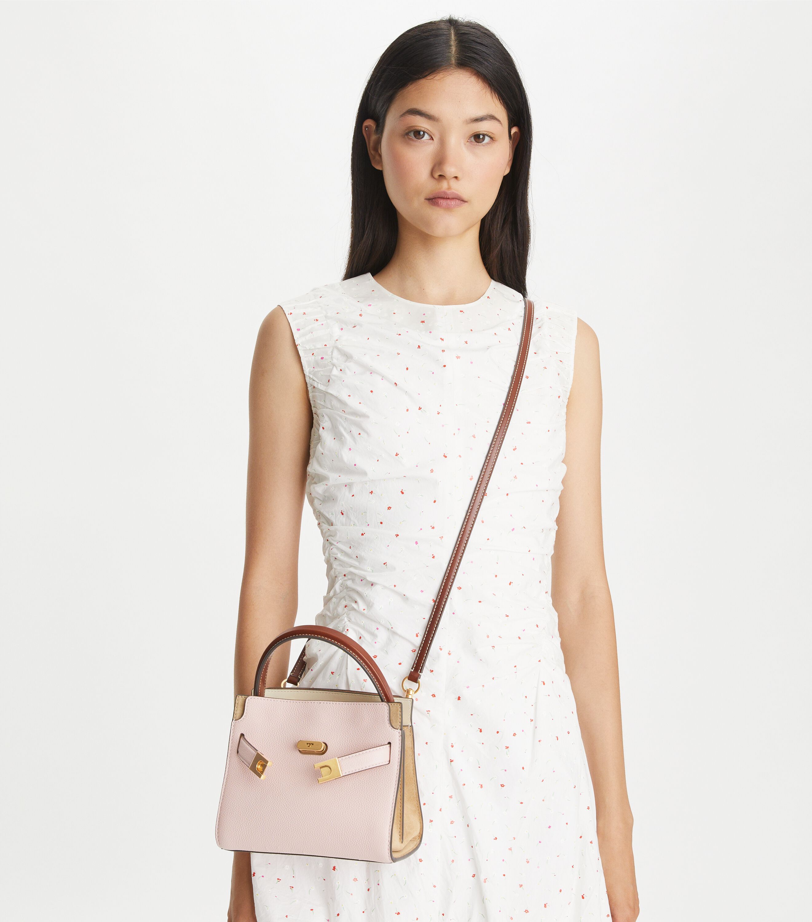 Petite Lee Radziwill Pebbled Double Bag, Pink Sand | Tory