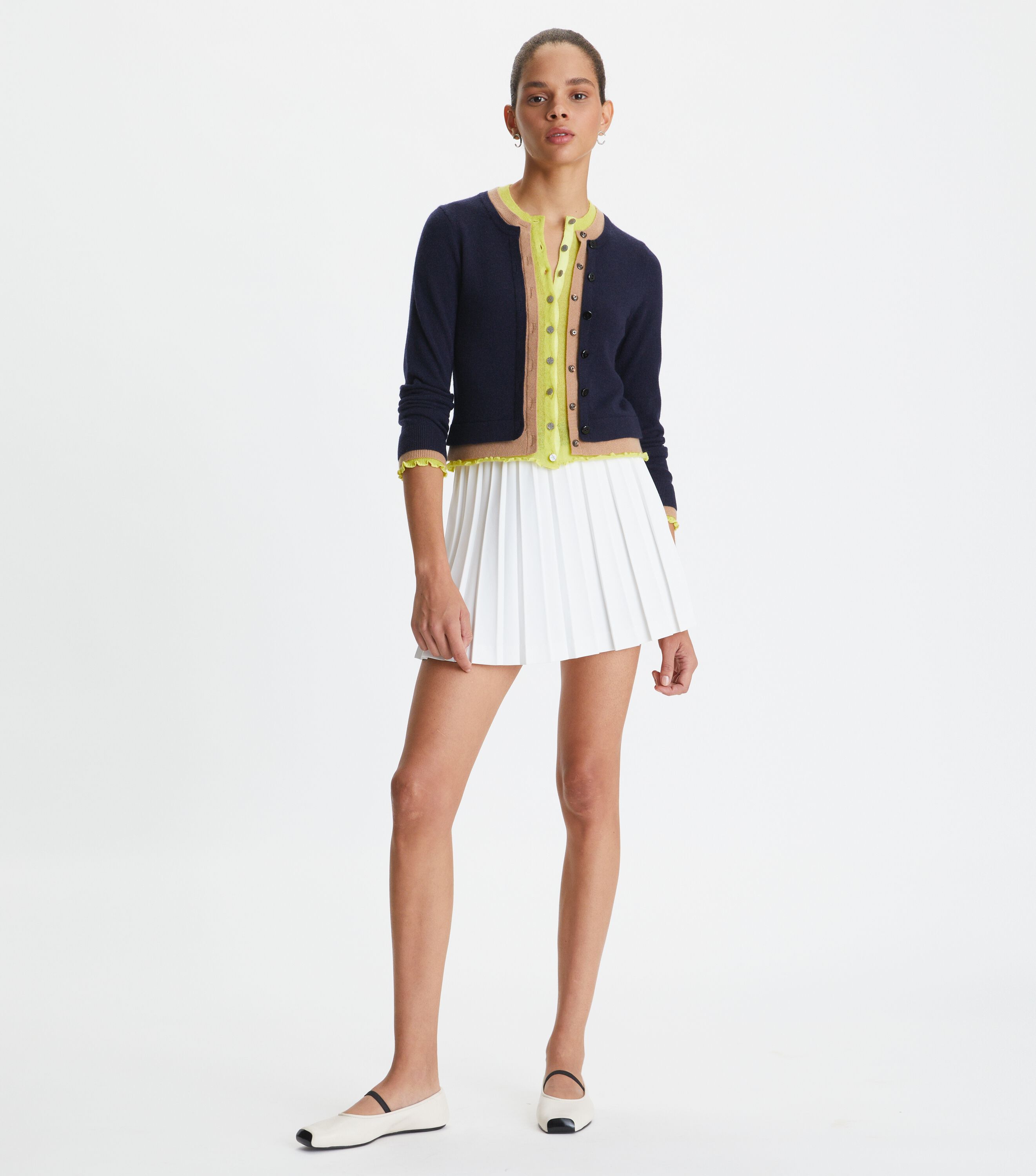 Triple Layer Cashmere Cardigan, Medium Navy / Summer Citrus