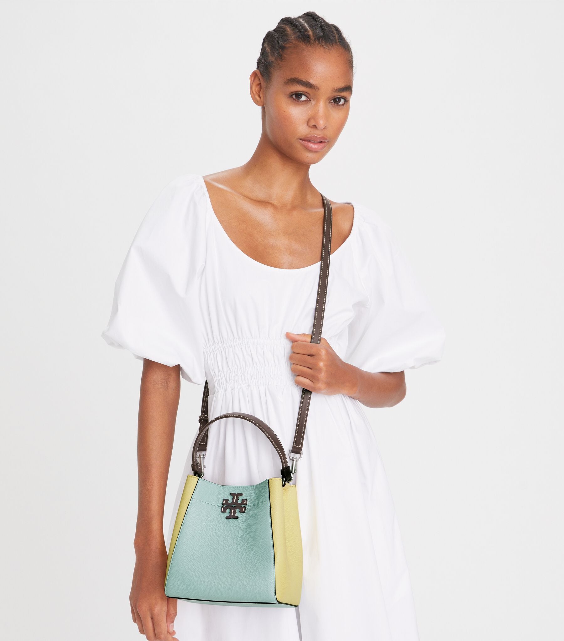 Small McGraw Color-Block Bucket Bag, Sea Bubble Vintage Lemon