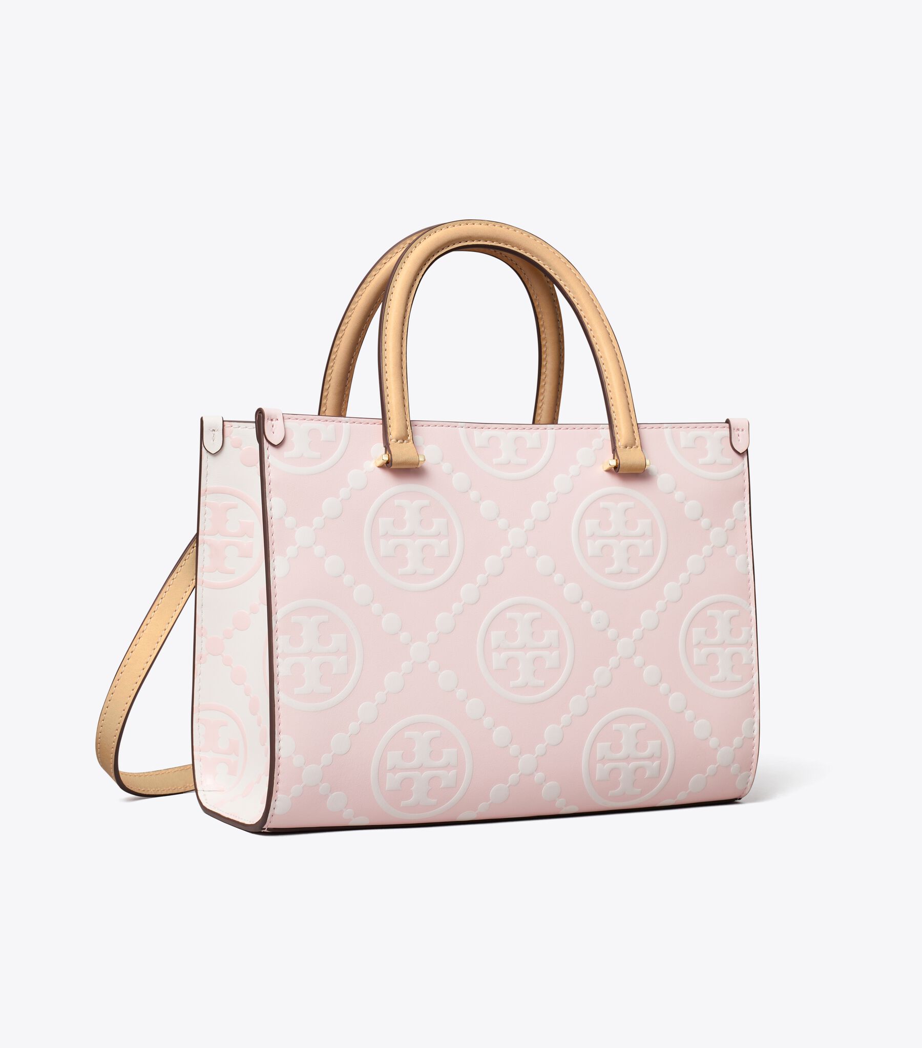 T Monogram Contrast Embossed Top-Handle Tote, Powder Pink | Tory 
