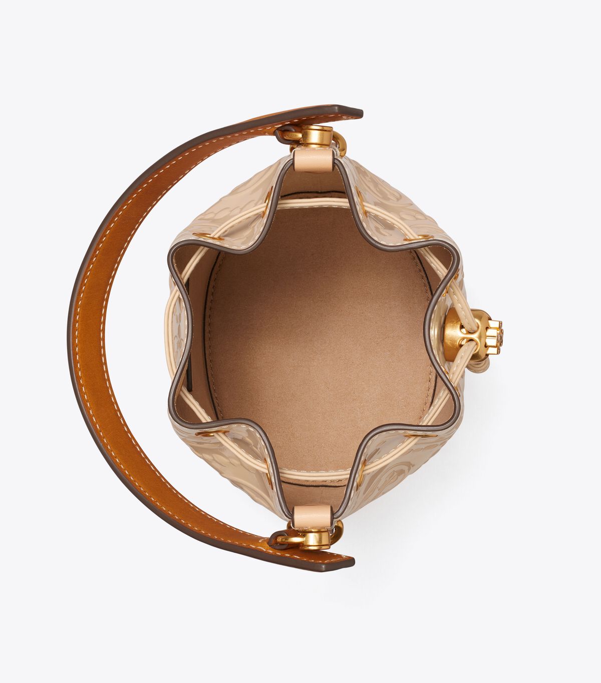 tory burch t monogram patent embossed mini bucket bag