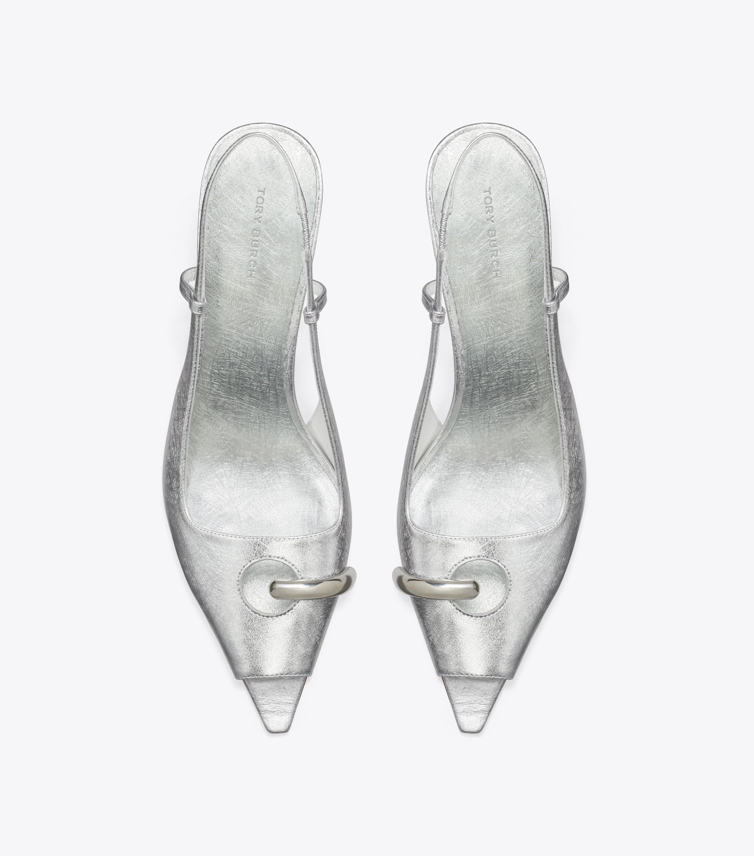 Pierced Peep-Toe Slingback, Bright Silver / Silver | Tory