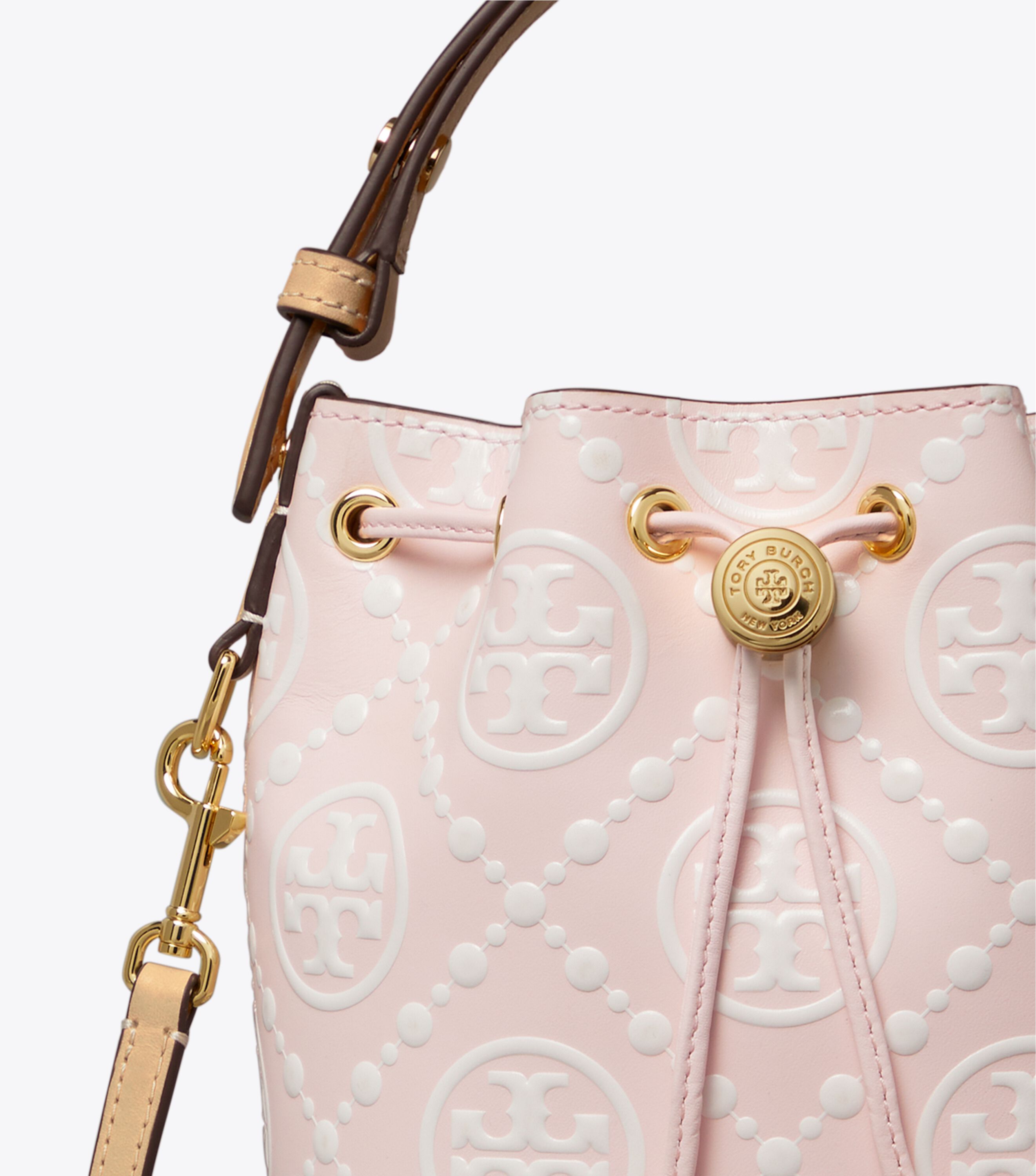 ハンドバッグ [Tory Burch] T Monogram Leather Mini Bucket Bag - Blush T Monogram Contrast Embossed Mini Bucket Bag, Powder Pink